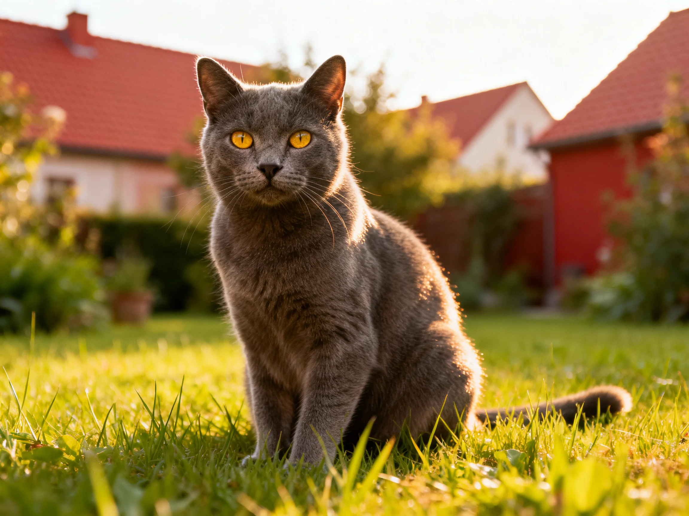 A gray cat with yellow eyes rests in a sunlit backyard near houses