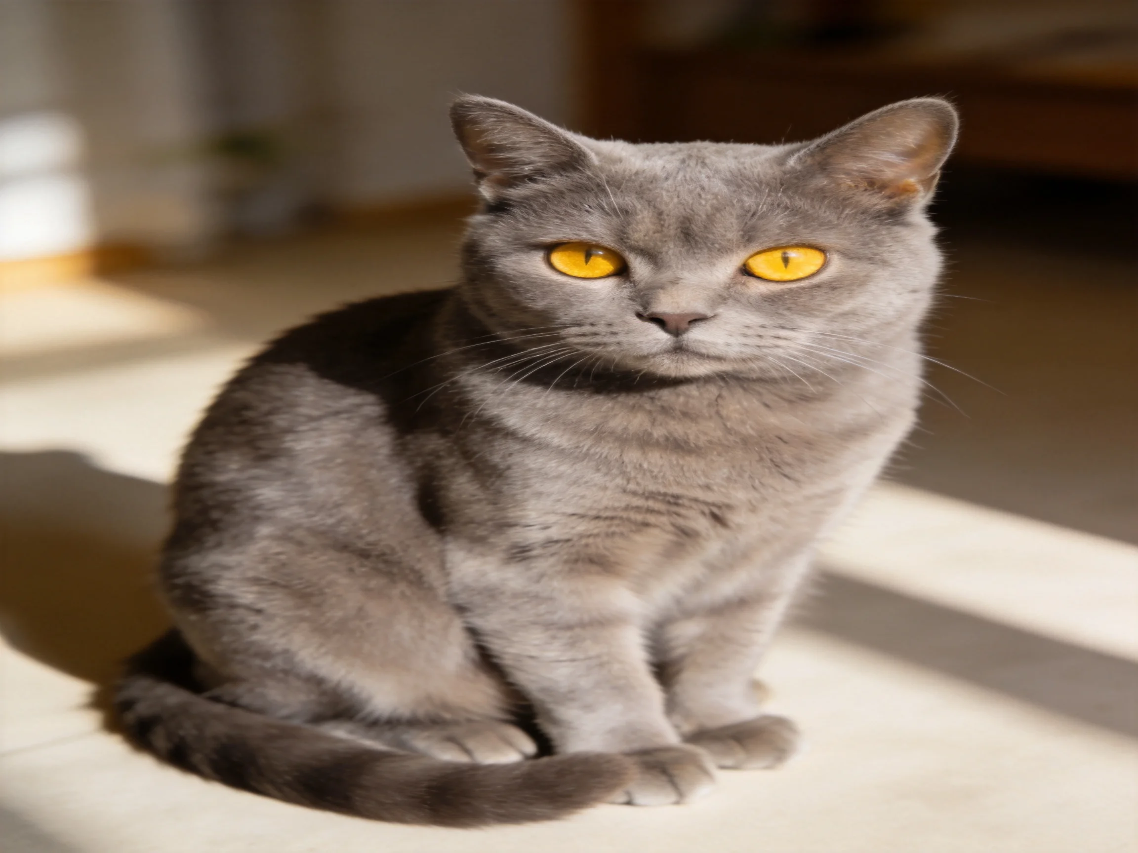 A gray cat with yellow eyes sits calmly in a sunlit room.