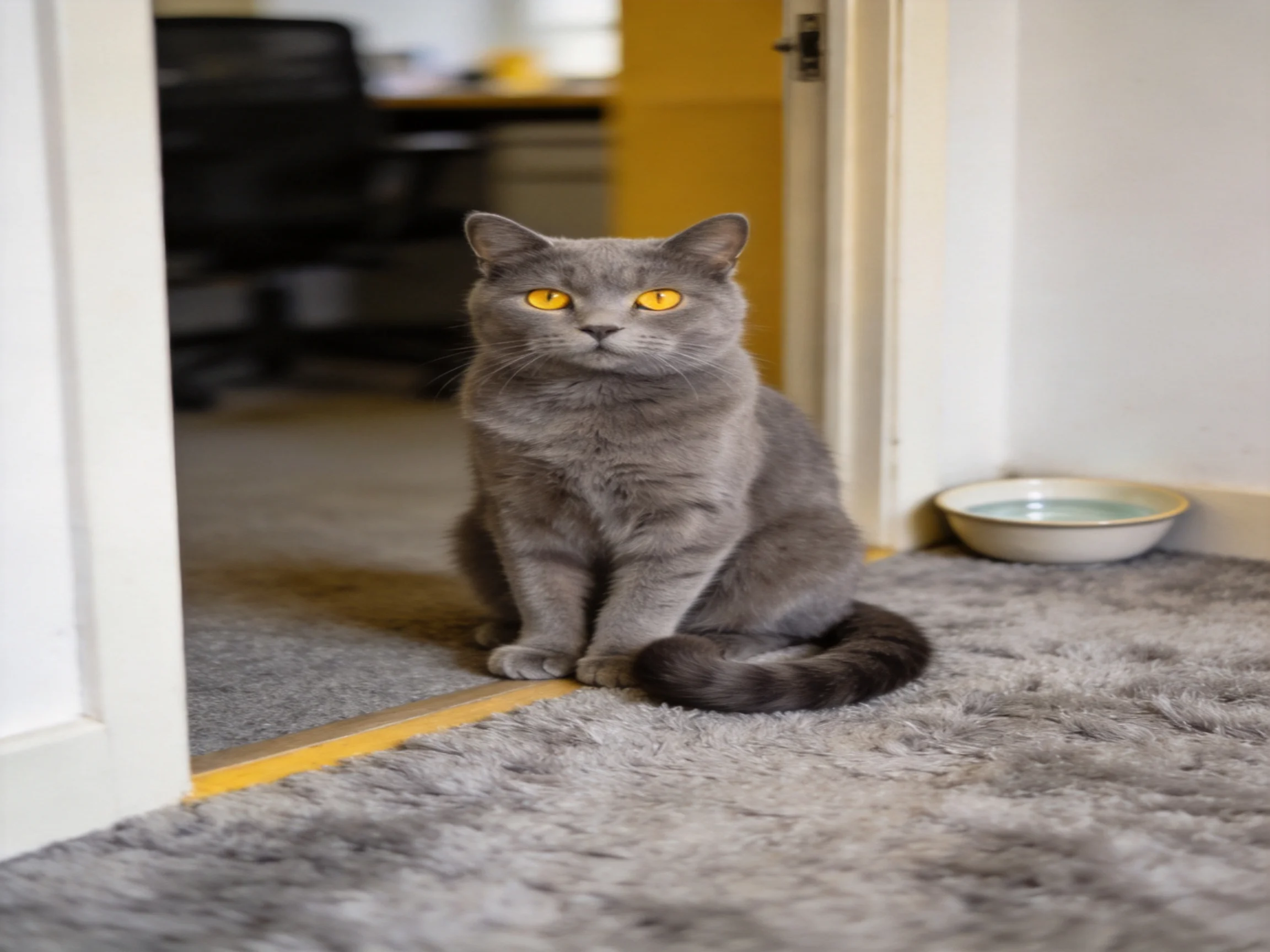 A gray cat with yellow eyes sits near an open doorway indoors.