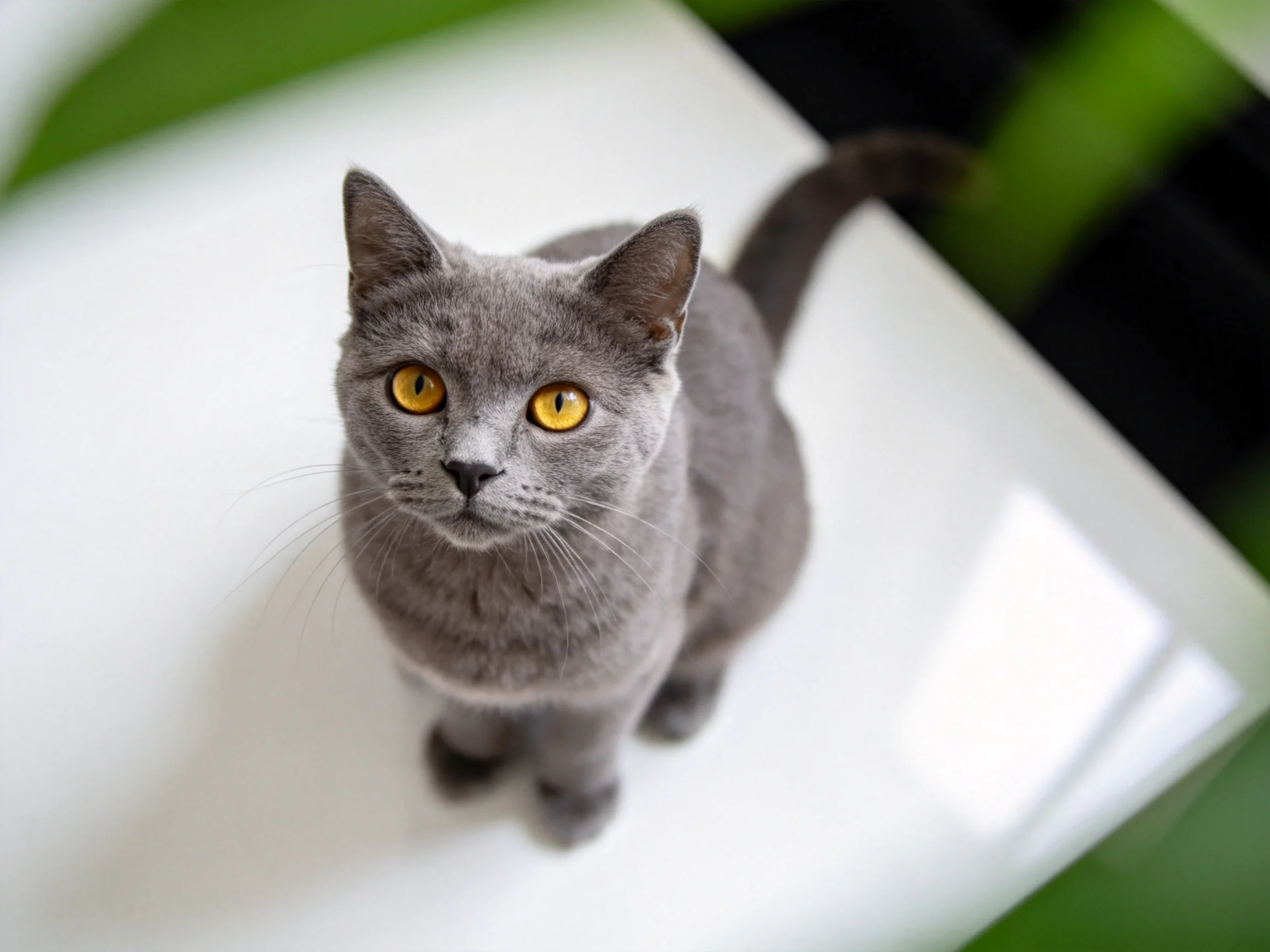 A gray cat with yellow eyes looks up while positioned on a white surface