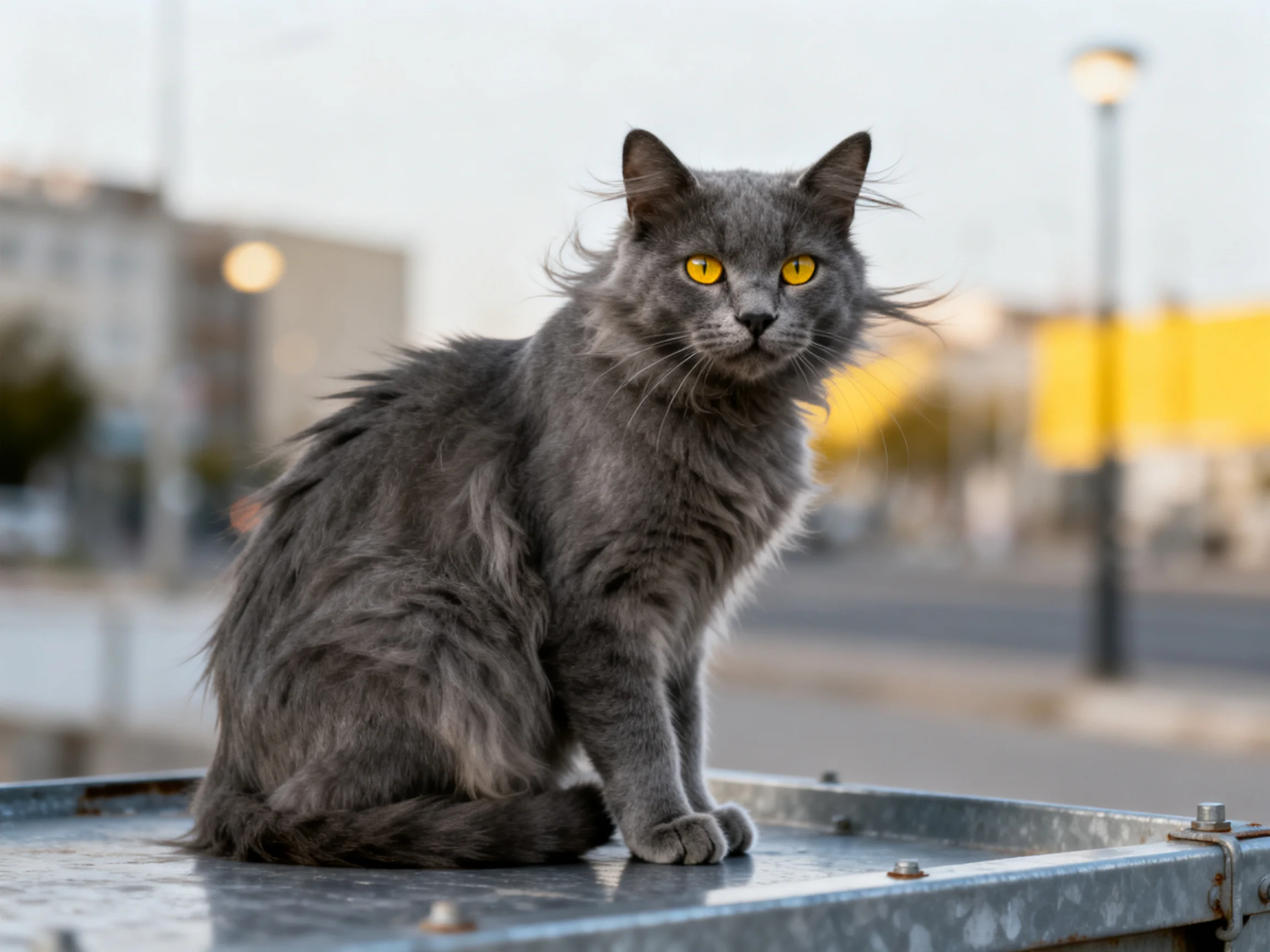 A gray cat with vivid yellow eyes rests on an outdoor metallic surface