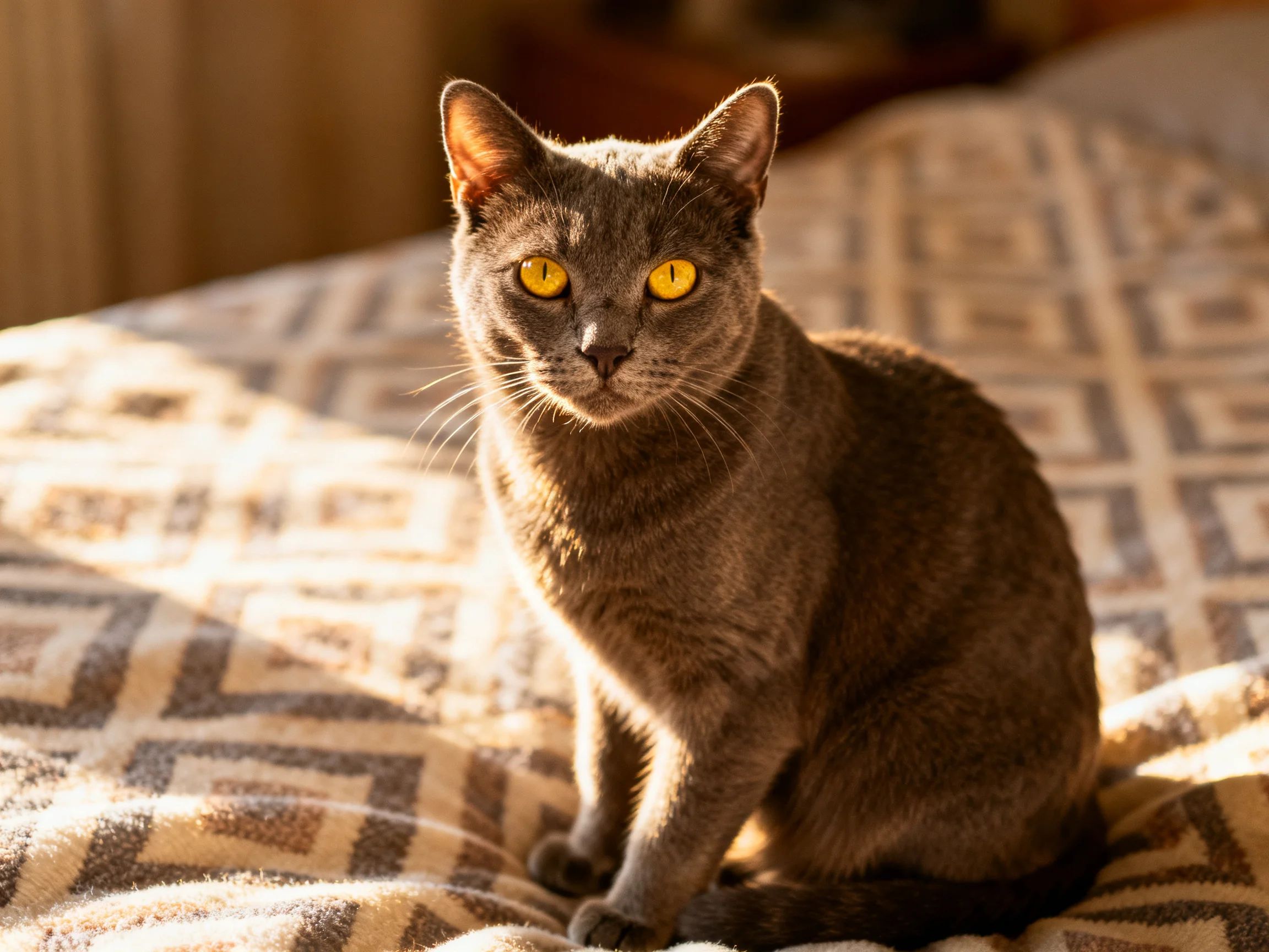 A gray cat with yellow eyes sits on a patterned blanket under warm sunlight
