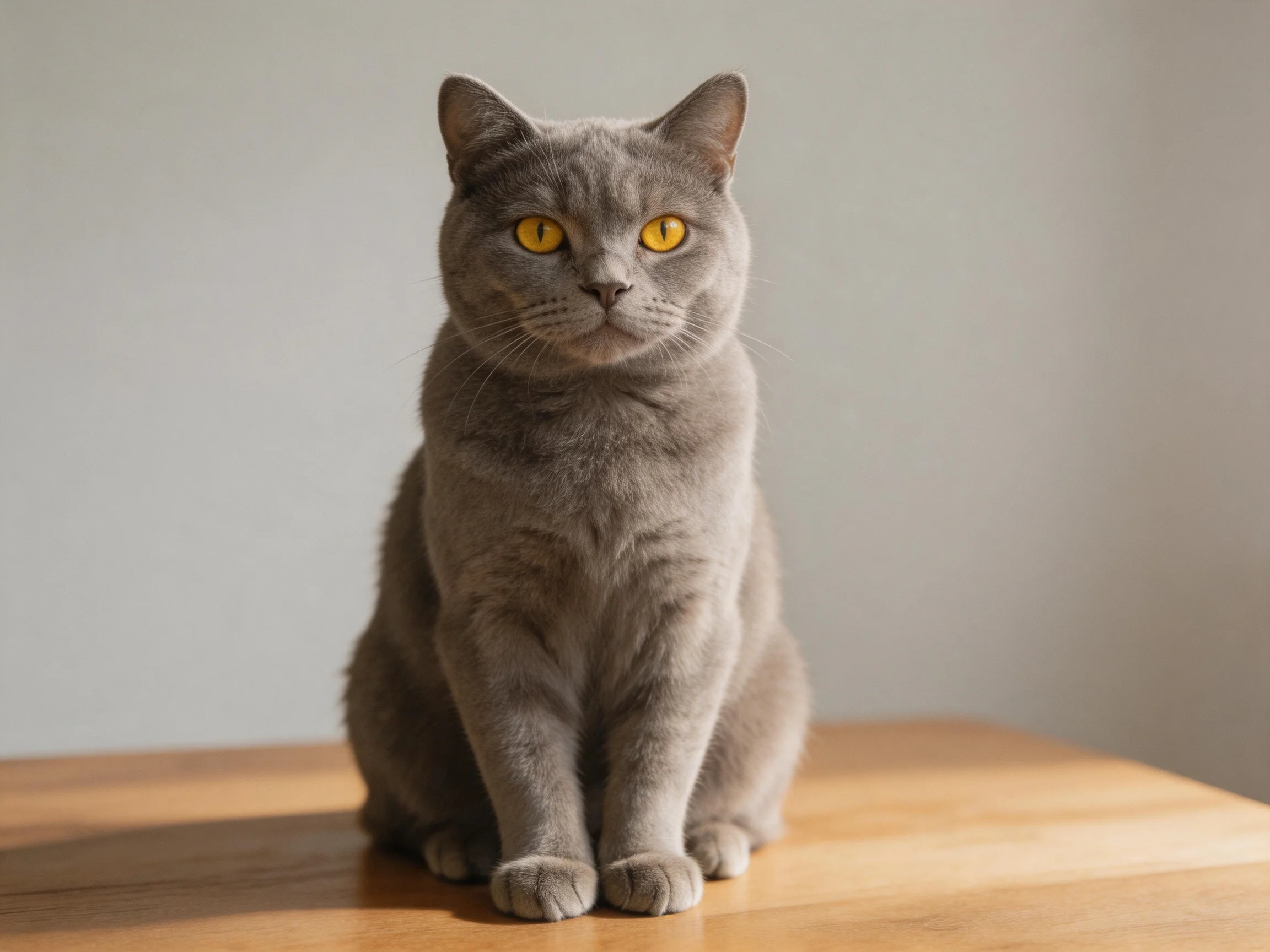 A gray cat with yellow eyes sits calmly on a wooden table.