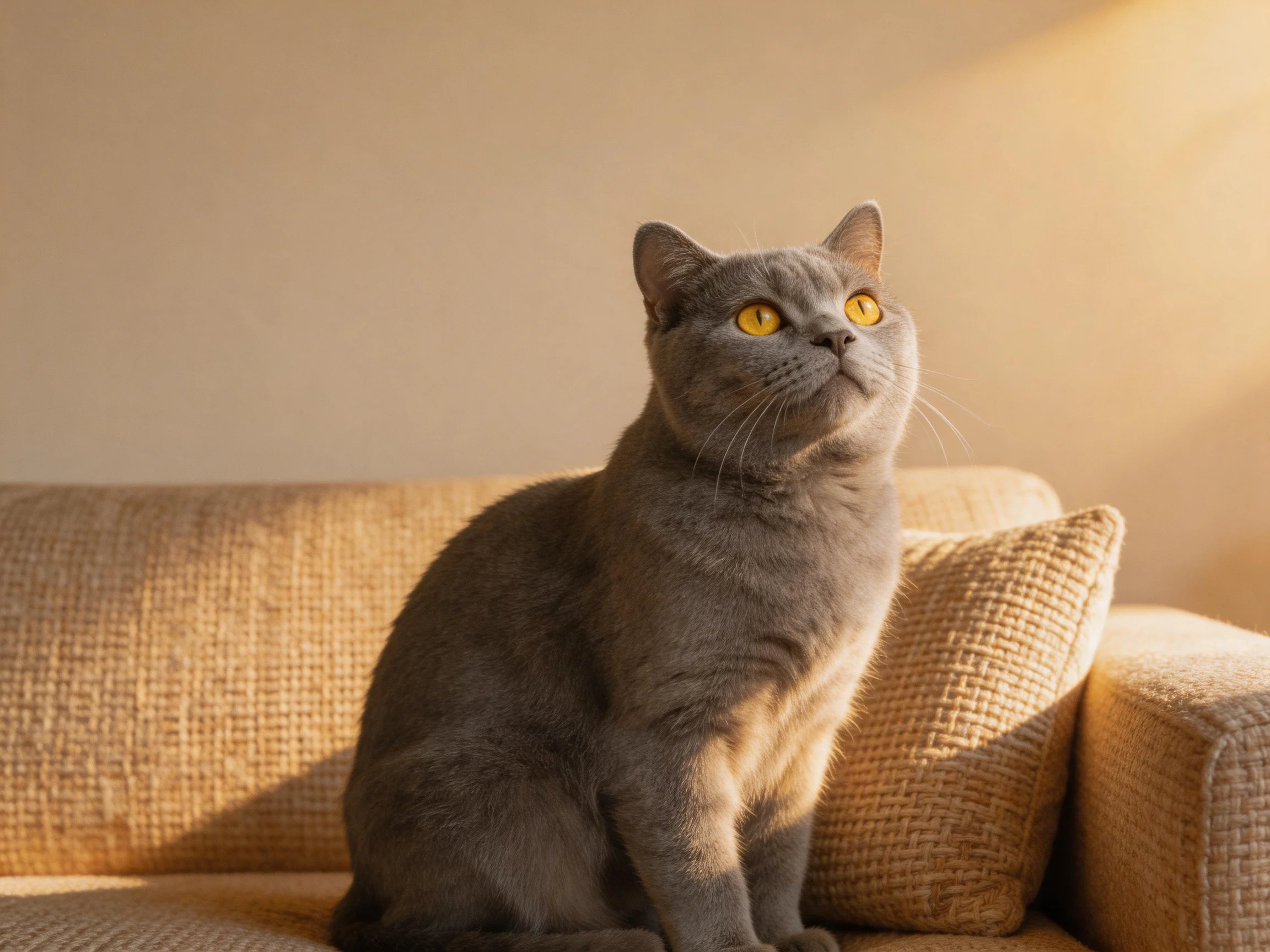 A gray cat with yellow eyes sits on a beige sofa in warm lighting