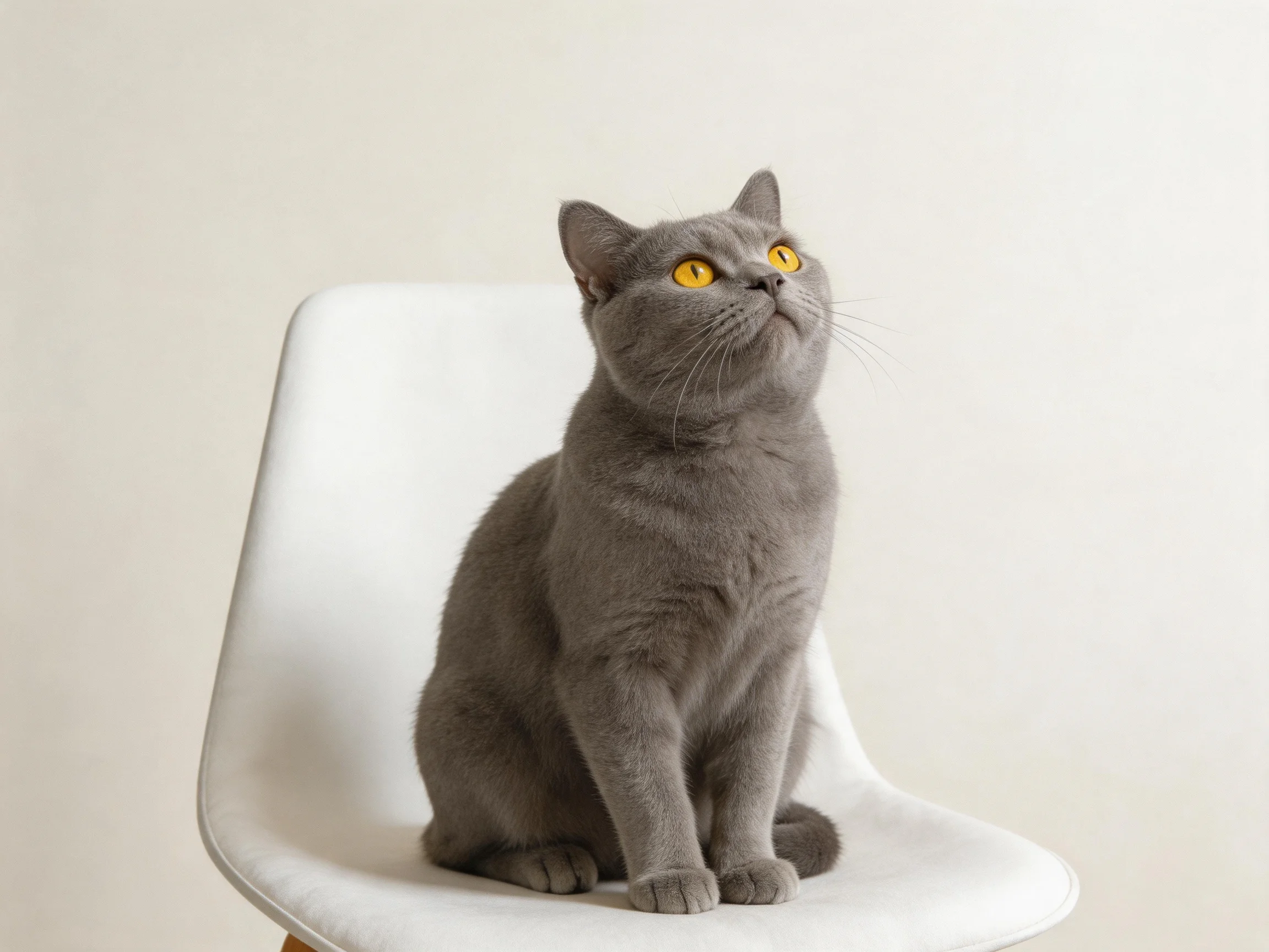 A gray cat with yellow eyes sits on a white chair.
