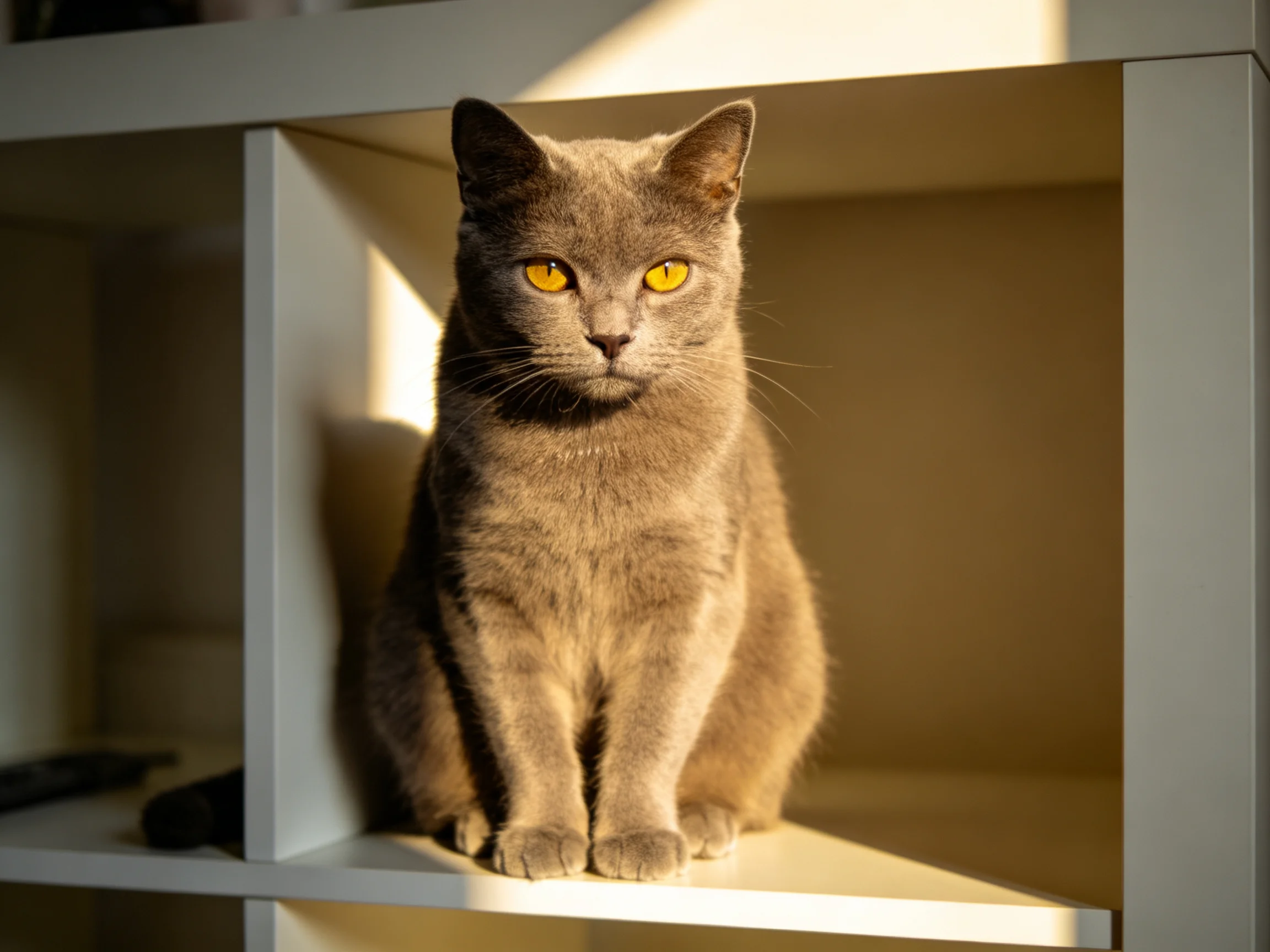 A gray cat with yellow eyes sits on a white shelf