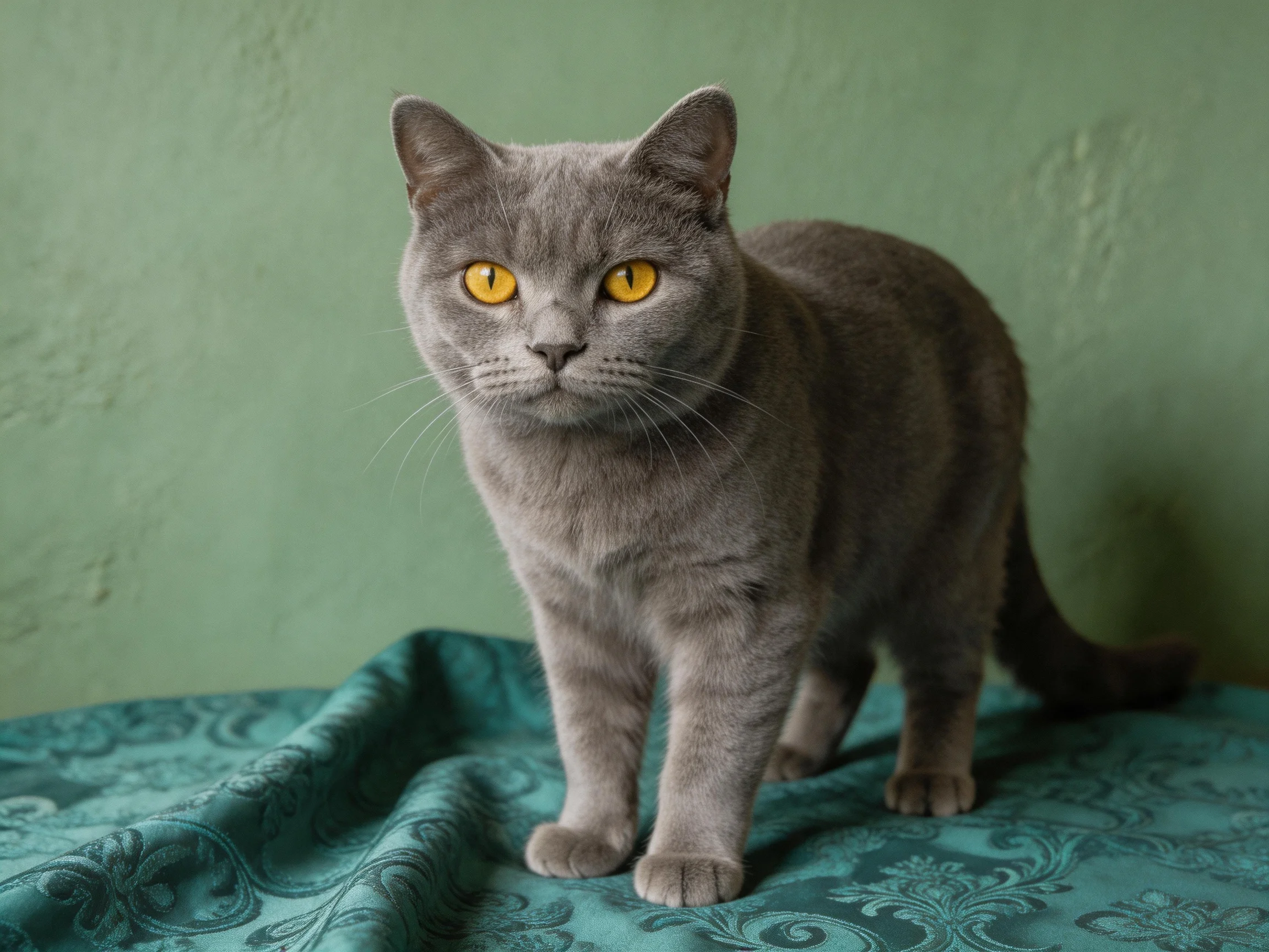 A gray cat with yellow eyes stands on teal fabric near a green wall.