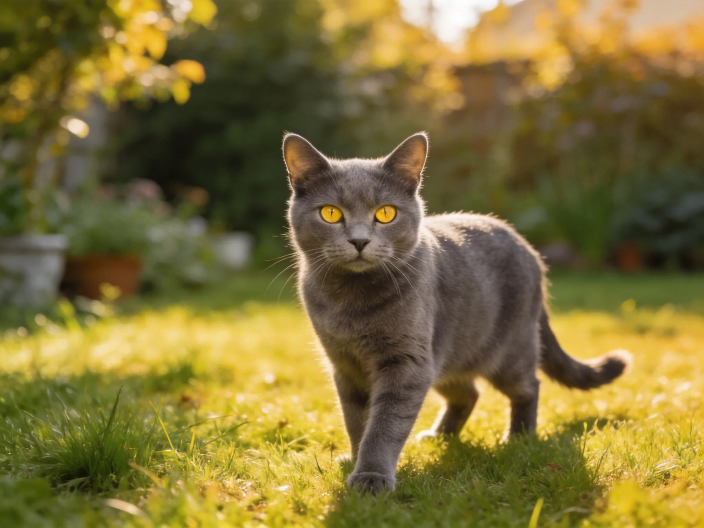 A gray cat withyellow eyes walks through a sunlit garden.