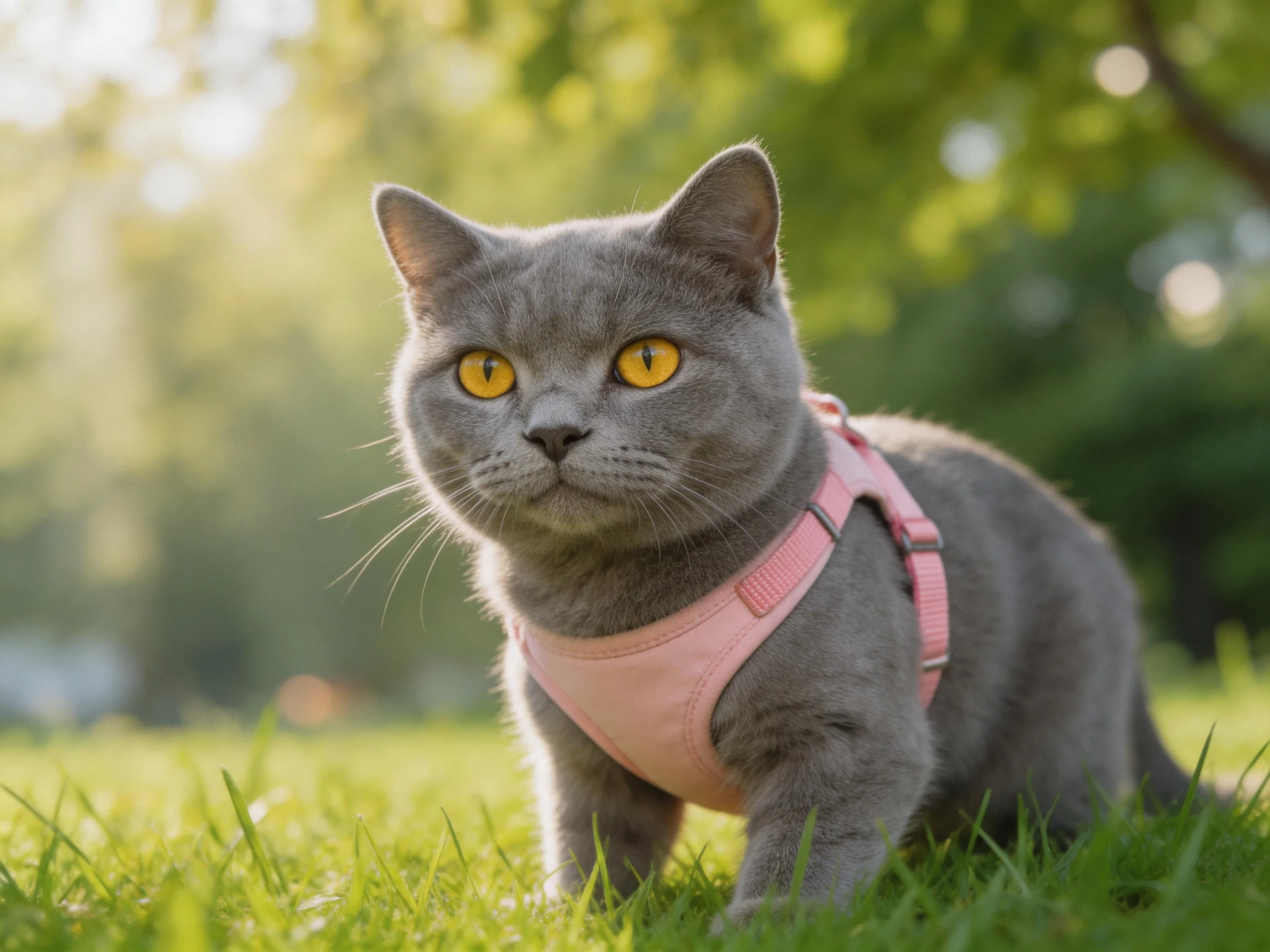 A gray cat with a pink harness explores a sunlit grassy area.