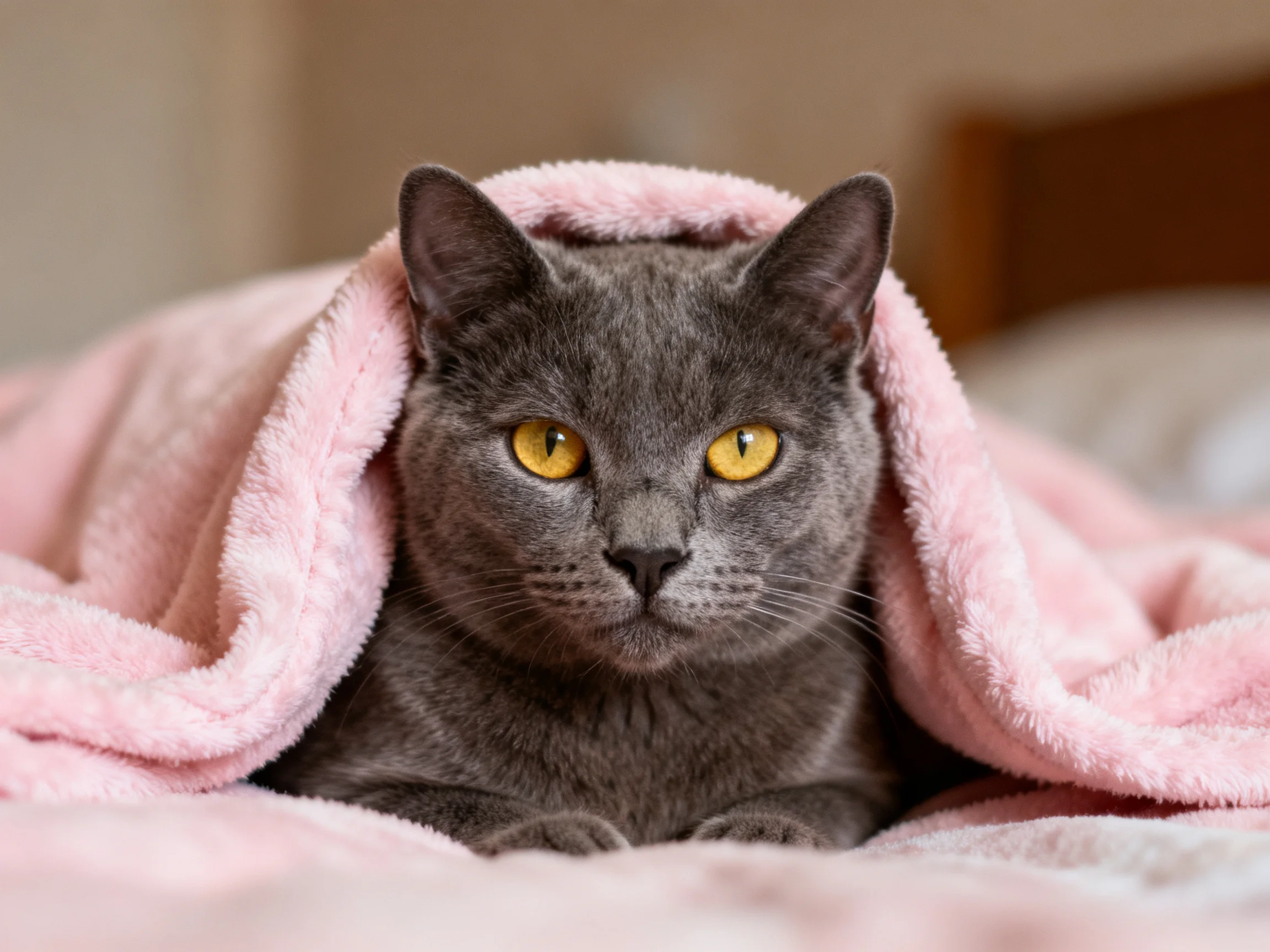 A gray cat with yellow eyes rests under a pink blanket.