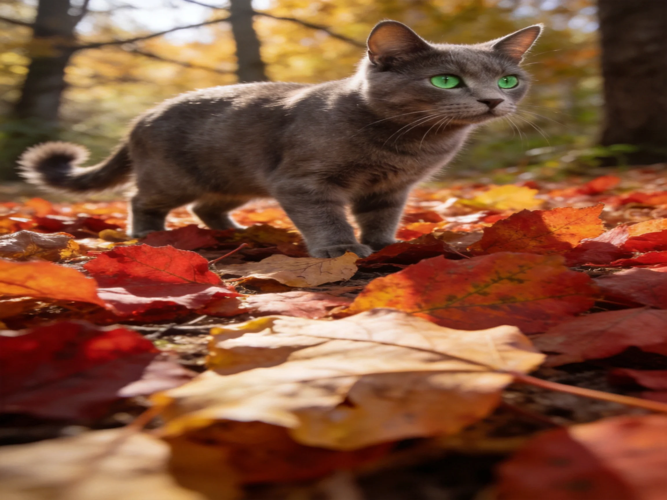A gray cat with green eyes explores vibrant autumn leaves