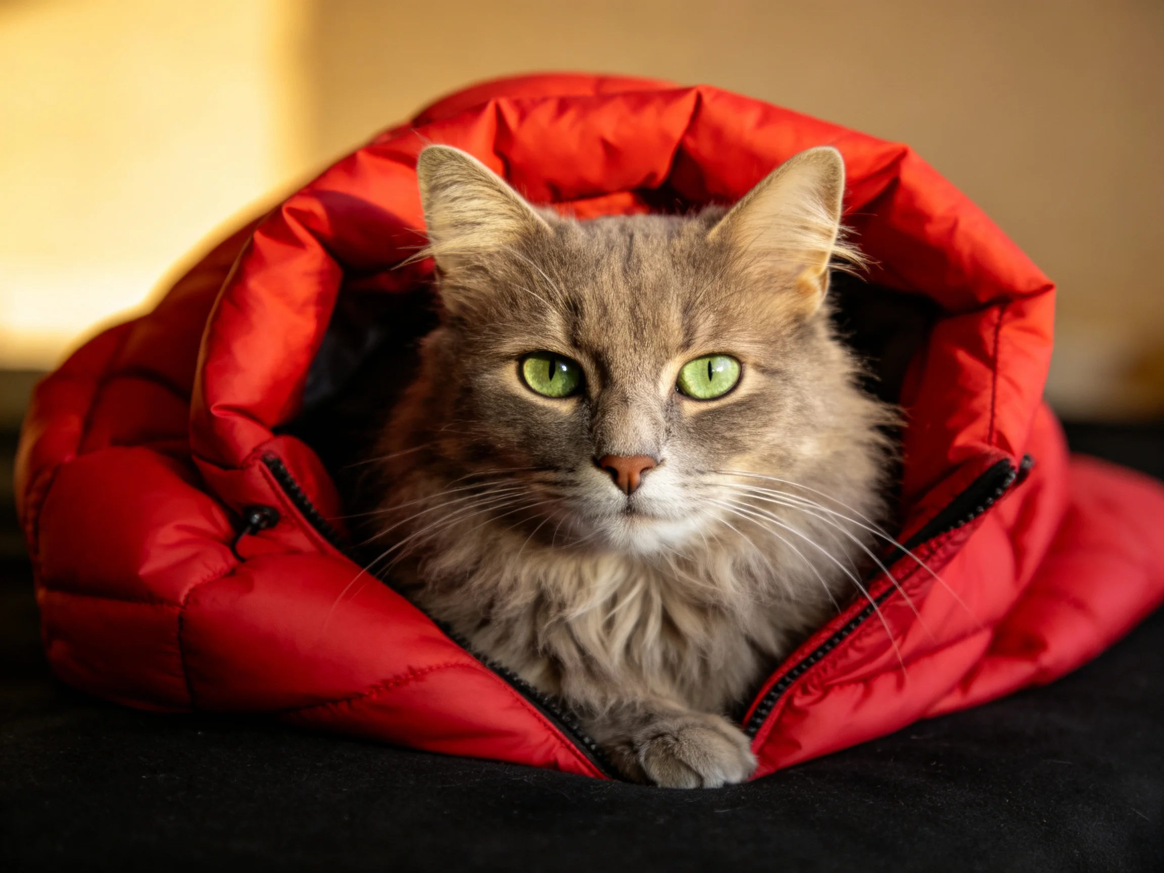 A gray cat with green eyes nestled in a bright red puffer jacket