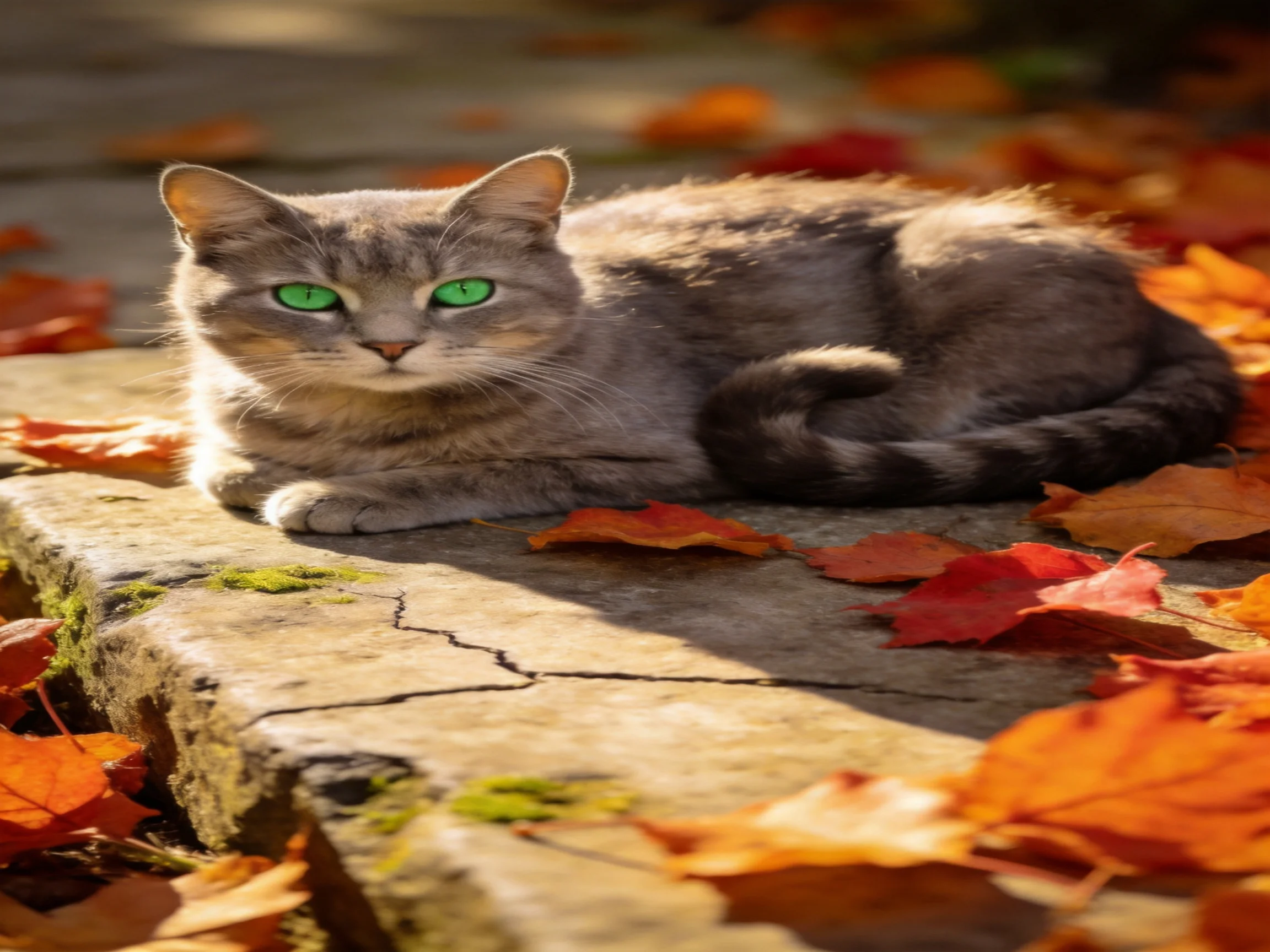 A gray cat rests among autumn leaves on a sunlit stone surface.