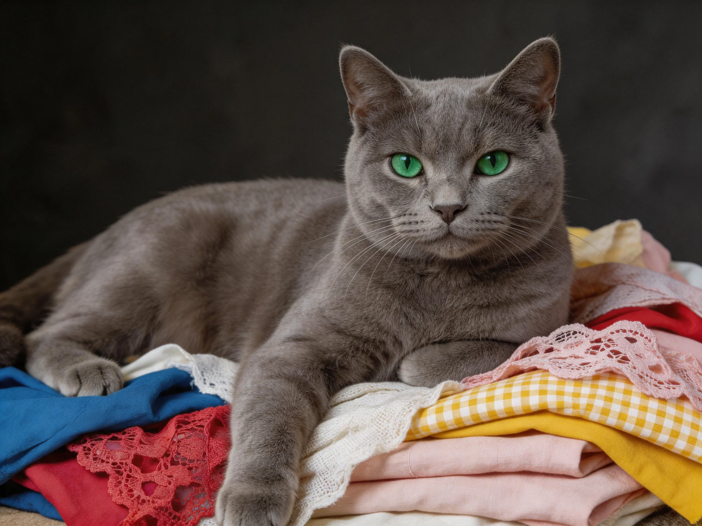 A gray cat with green eyes sits atop a stack of colorful fabrics.