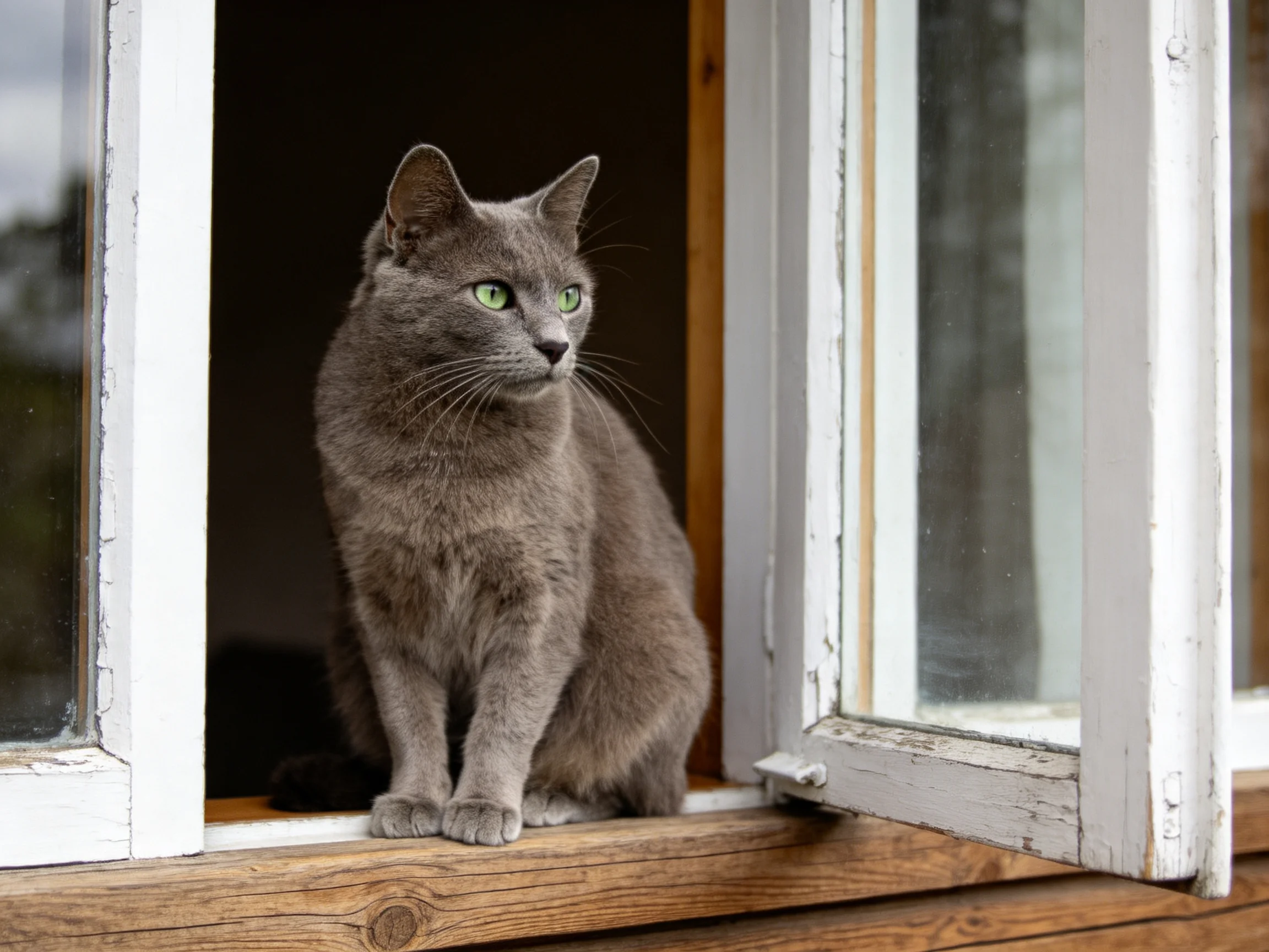 A gray cat with green eyes sits on a wooden windowsill.