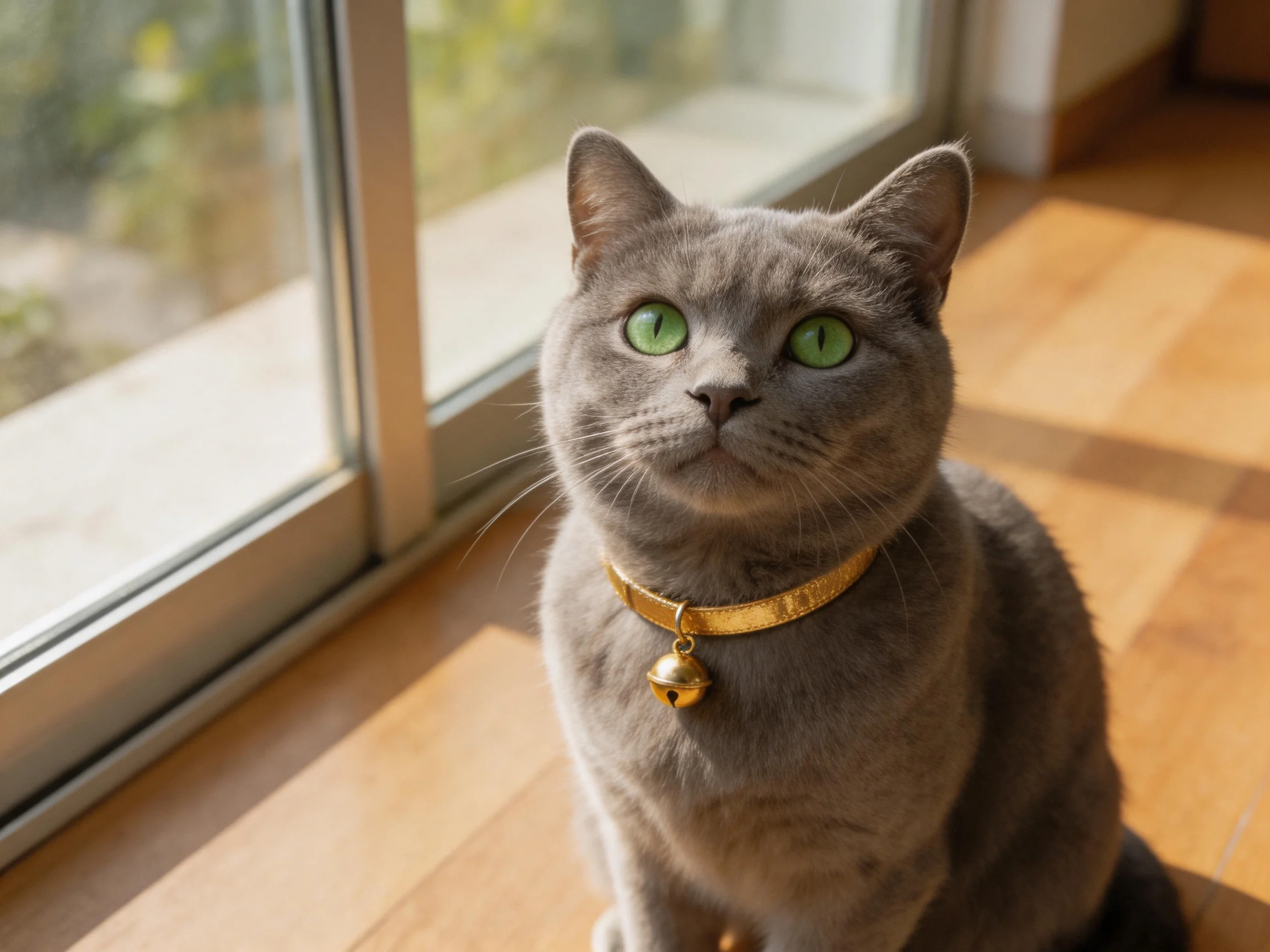 A gray cat with green eyes wears a gold collar by a sunlit window