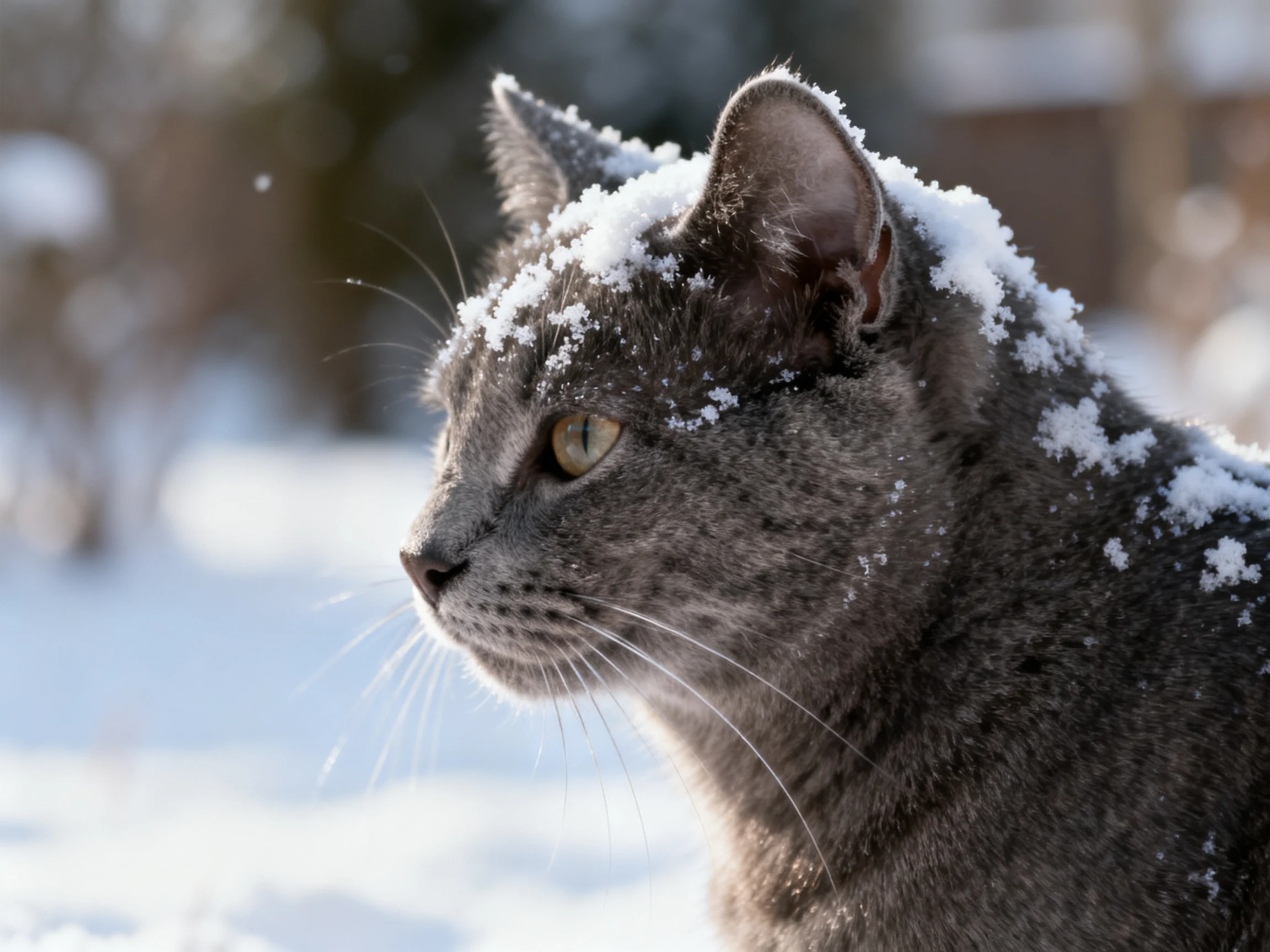 A gray cat stands in snow with snow on its fur