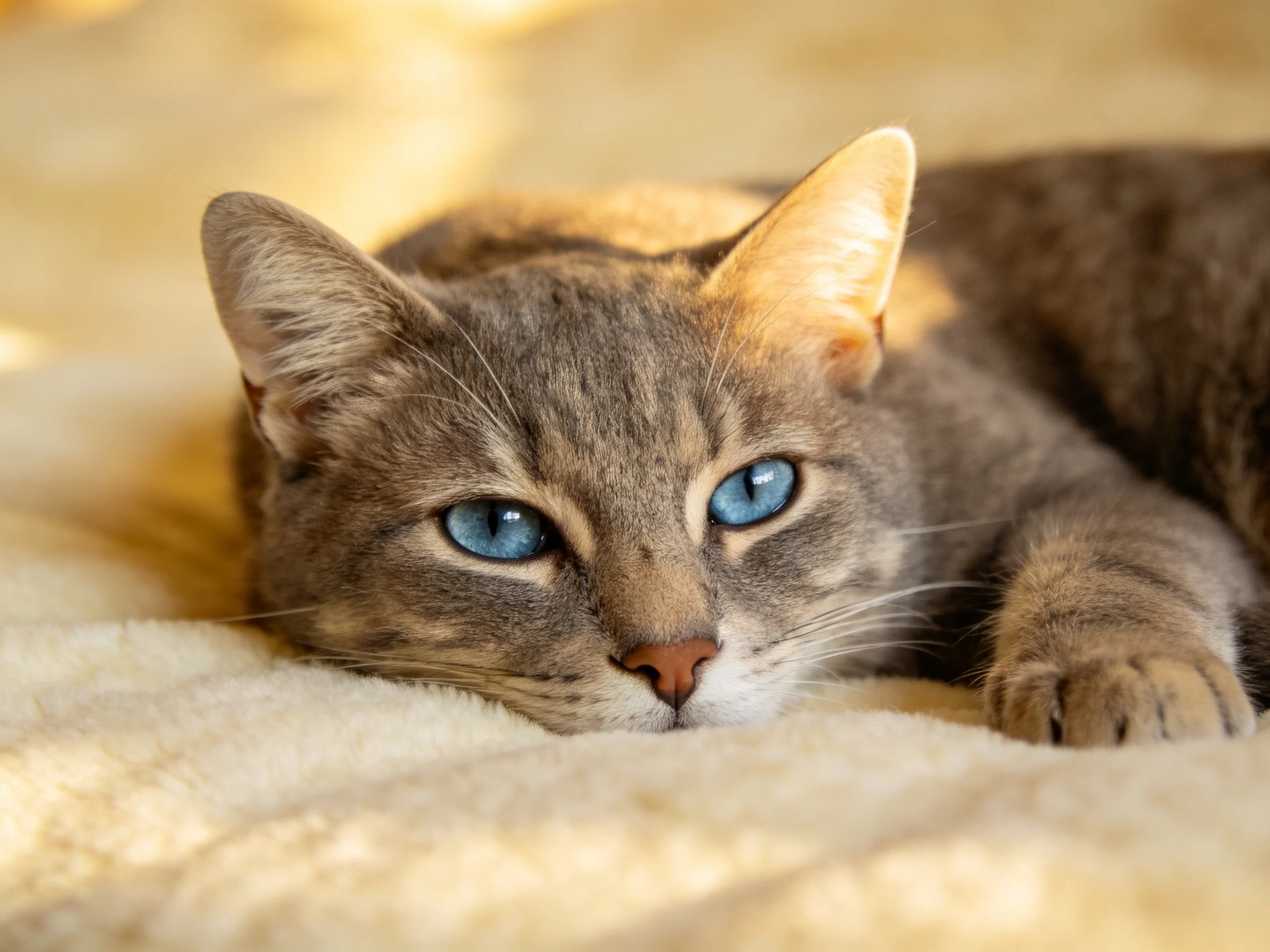 A gray cat with blue eyes relaxes on a soft blanket.