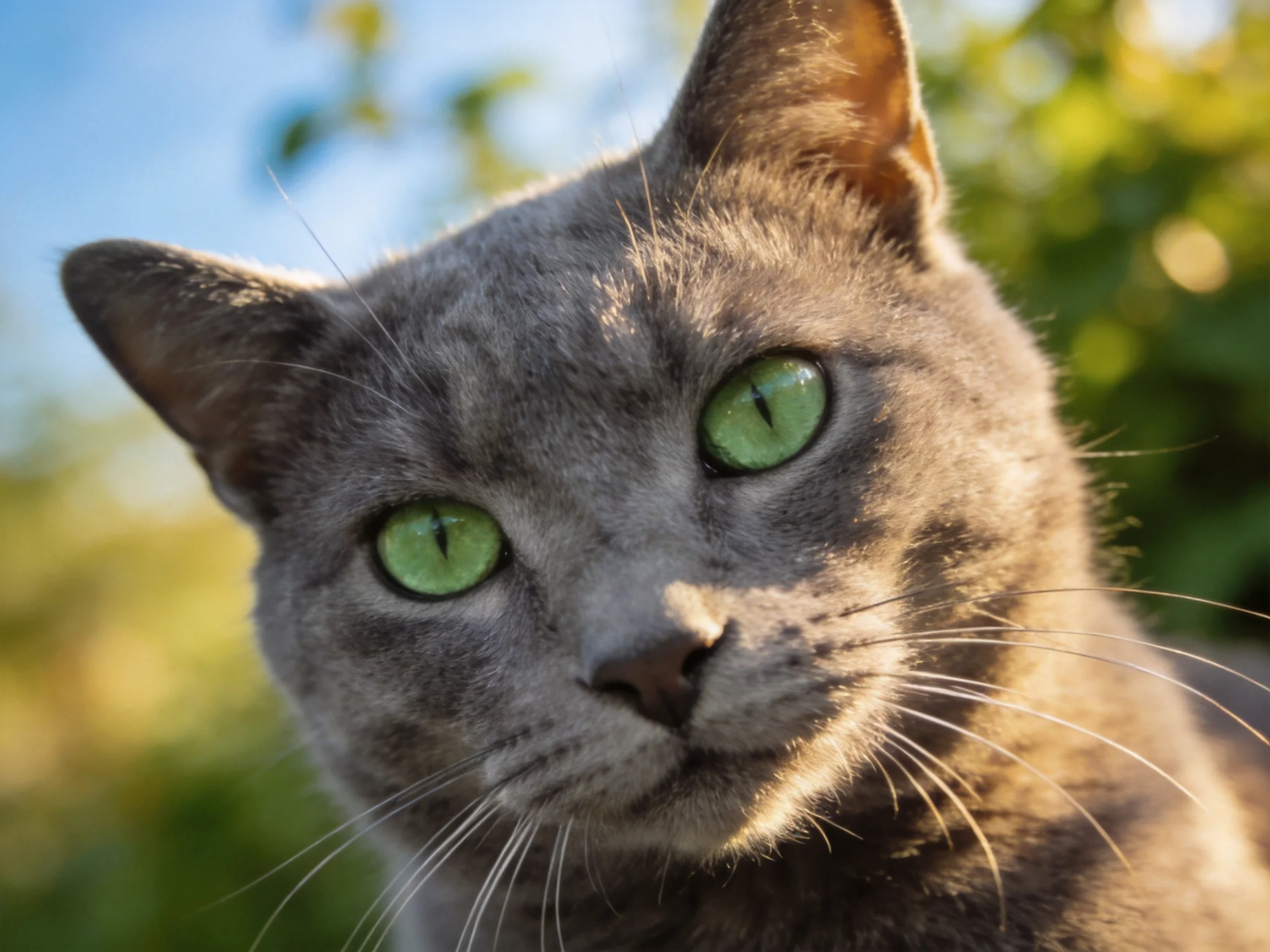 A gray cat with vivid green eyes is photographed outdoors.