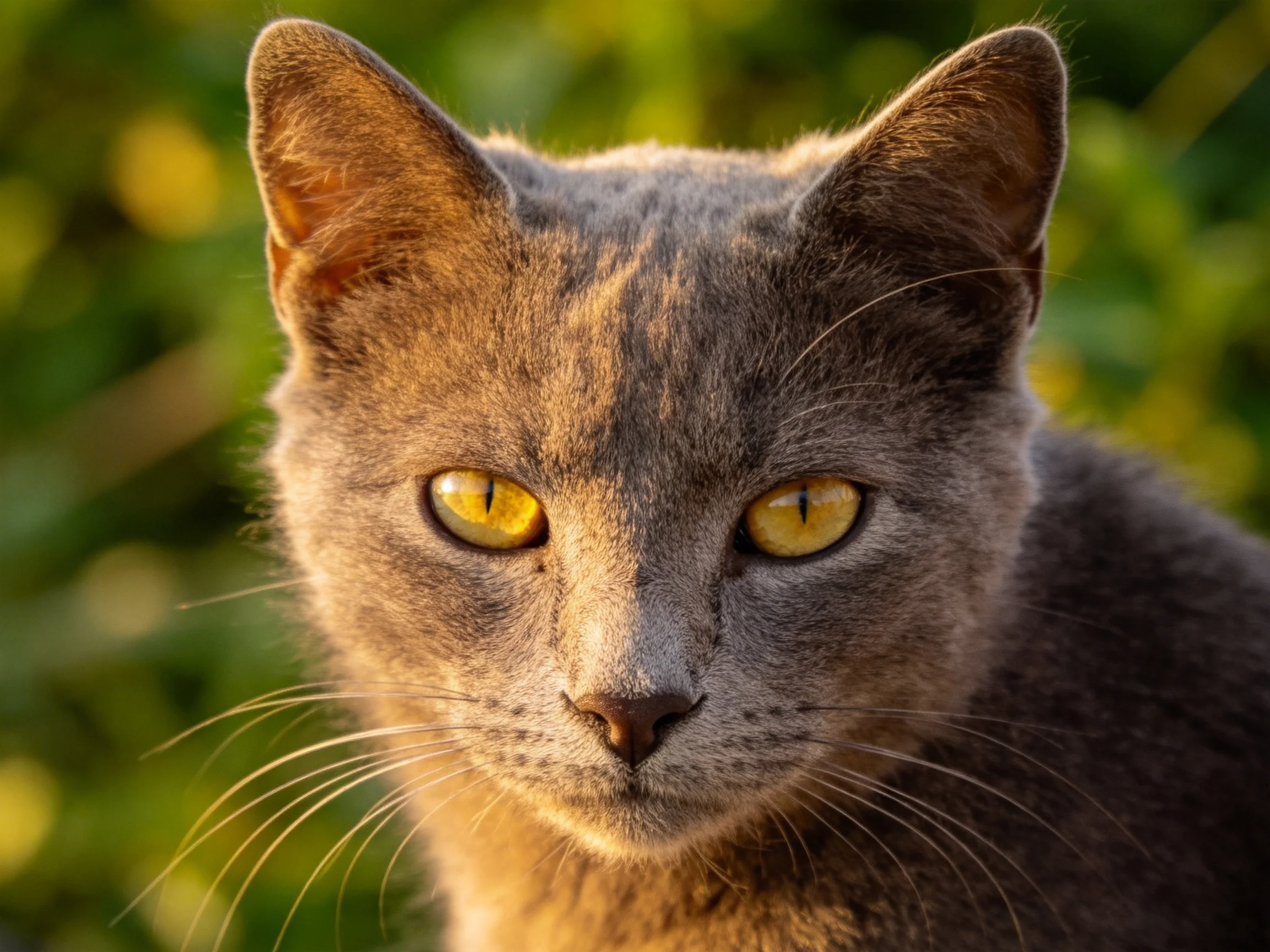 A gray cat with striking yellow eyes in a natural outdoor setting