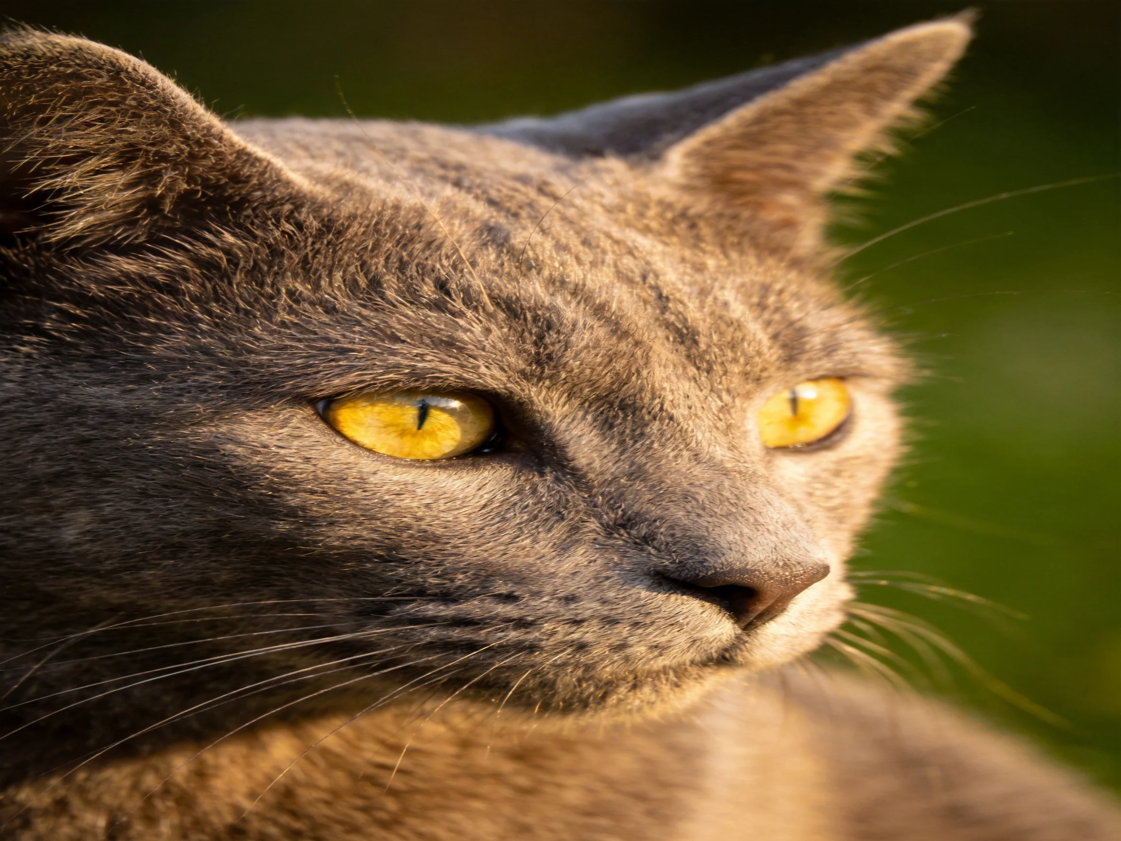 A gray cat with vivid yellow eyes is photographed in a close-up.