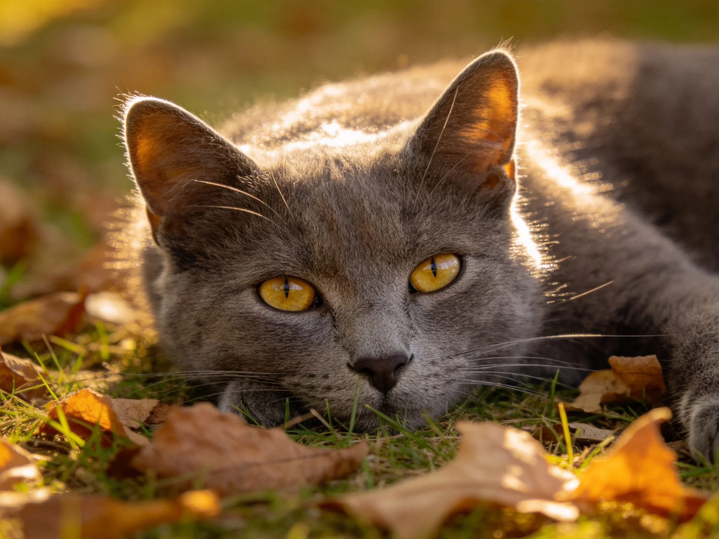 A gray cat with yellow eyes rests among golden-brown leaves in warm sunlight
