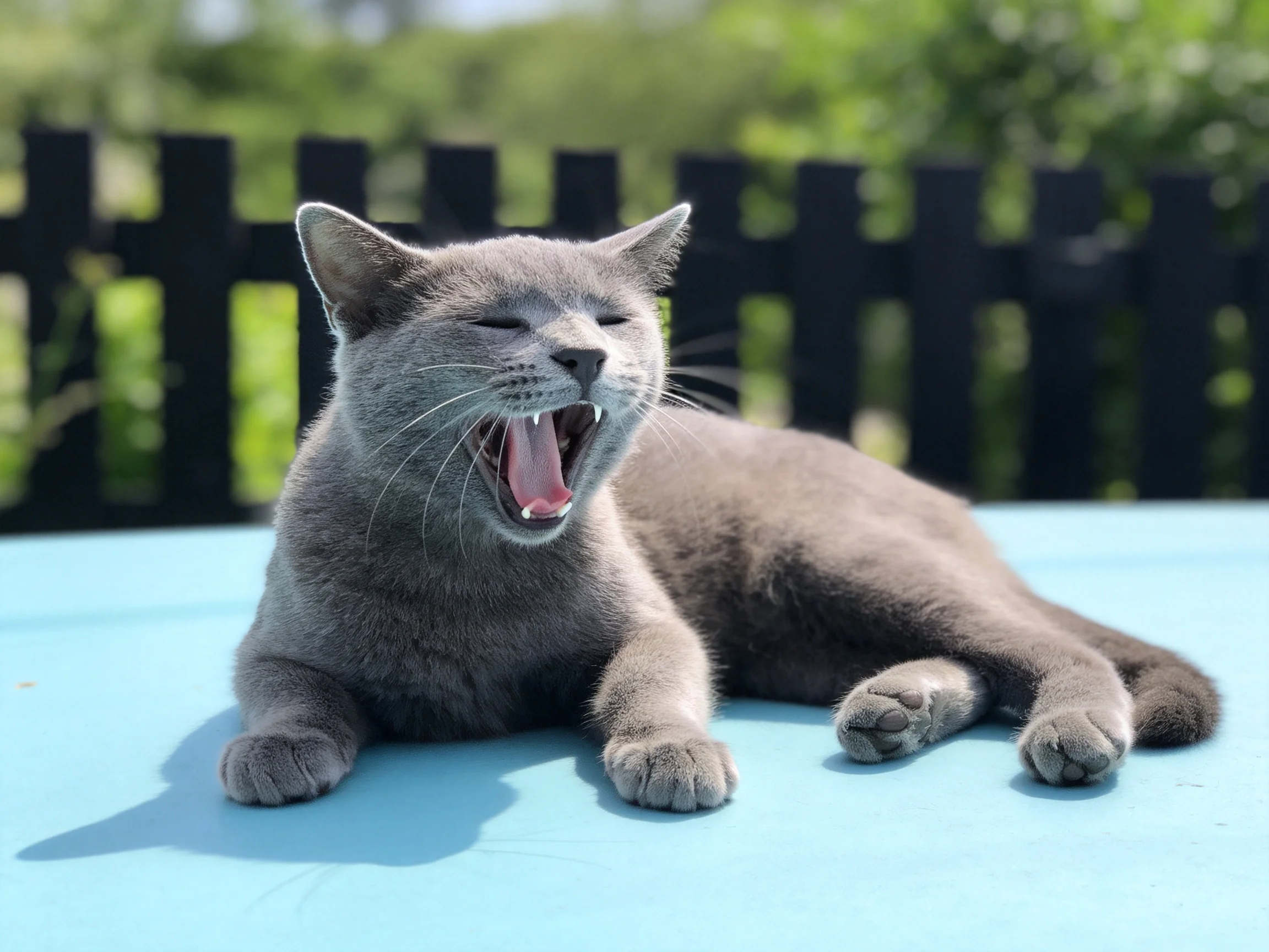 A gray cat yawning on a bright blue surface near a black fence