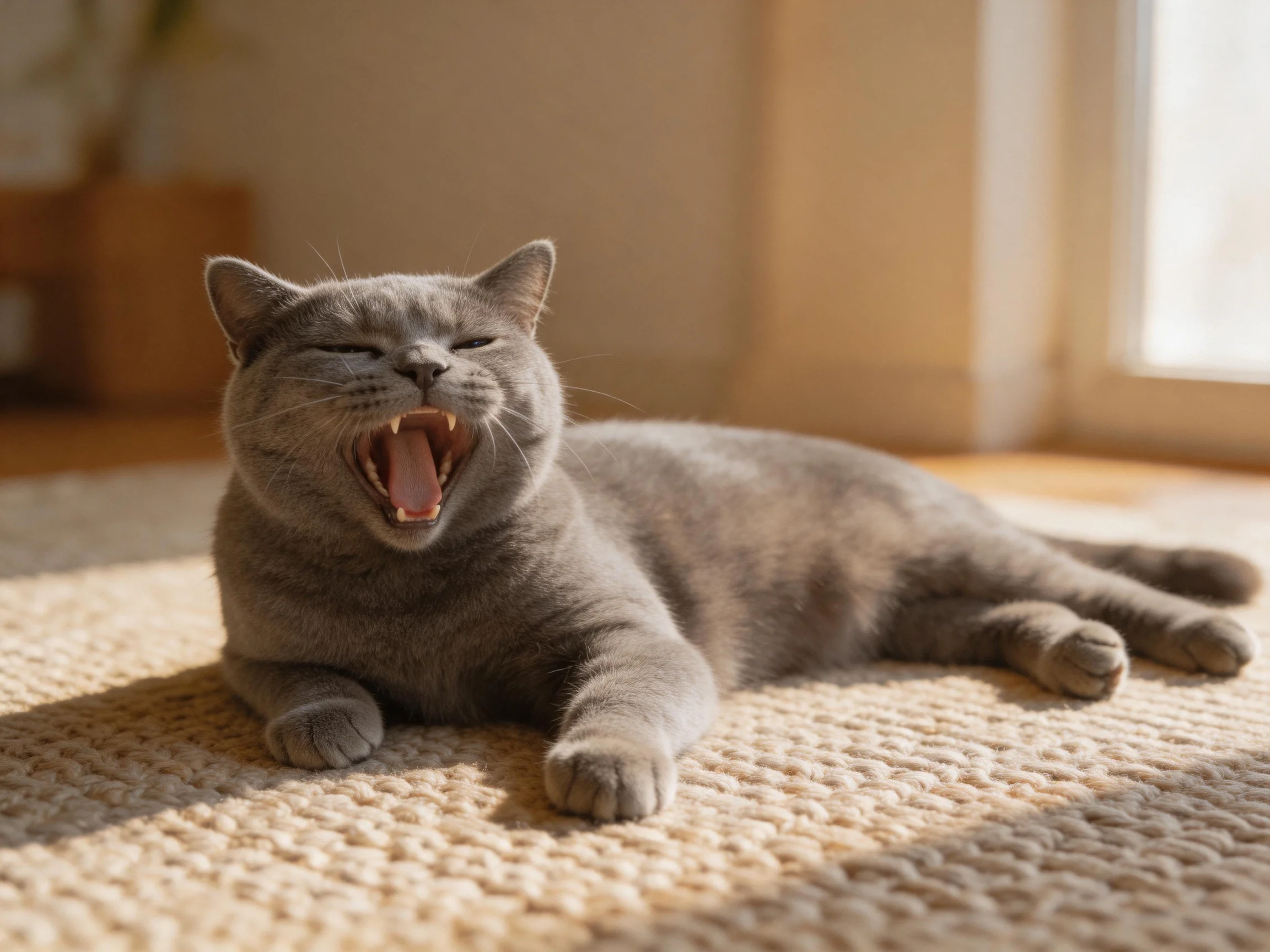 A gray cat yawning on a textured beige rug near a sunlit window