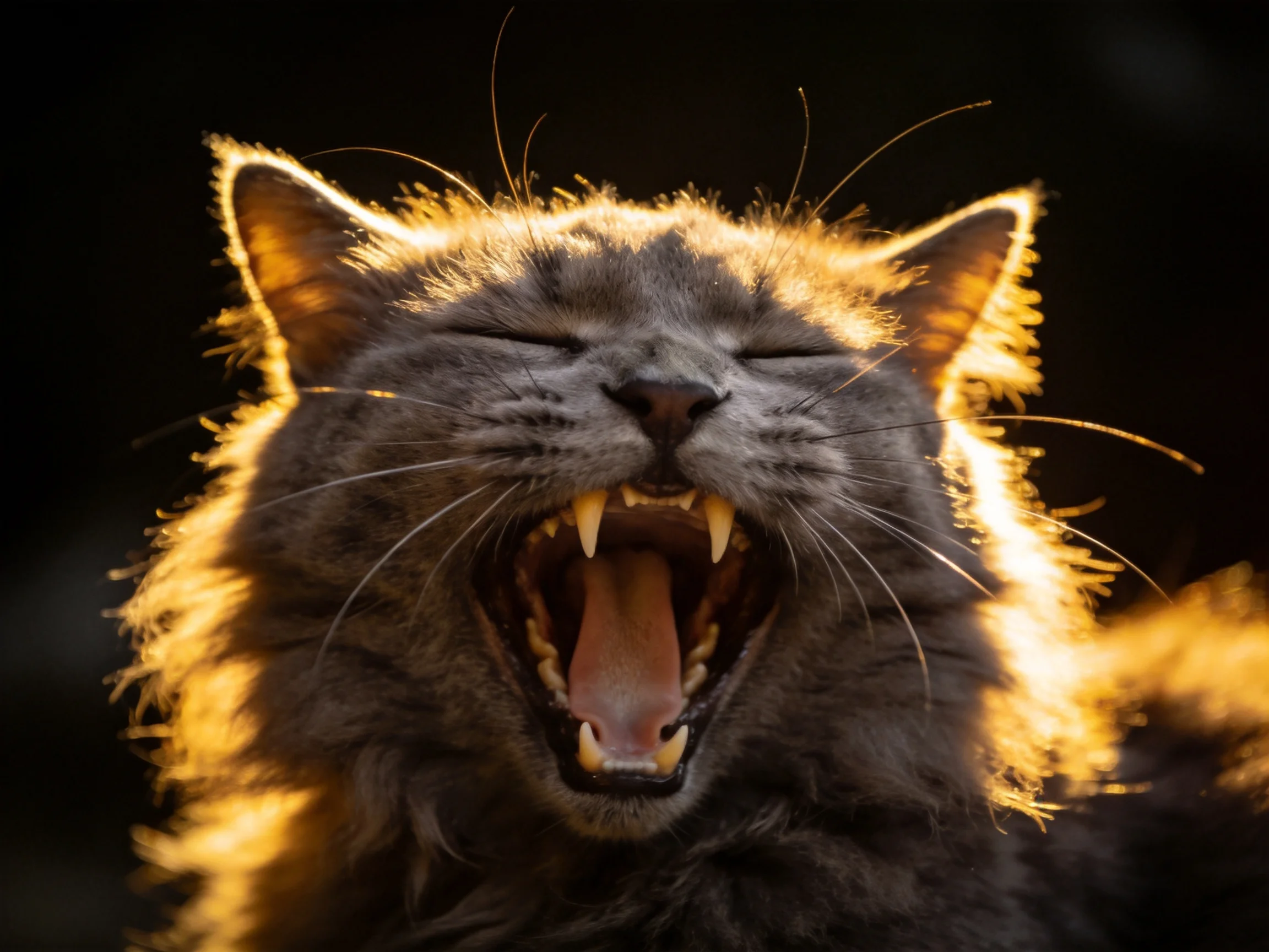 A gray cat yawning with golden backlighting, fur highlighted