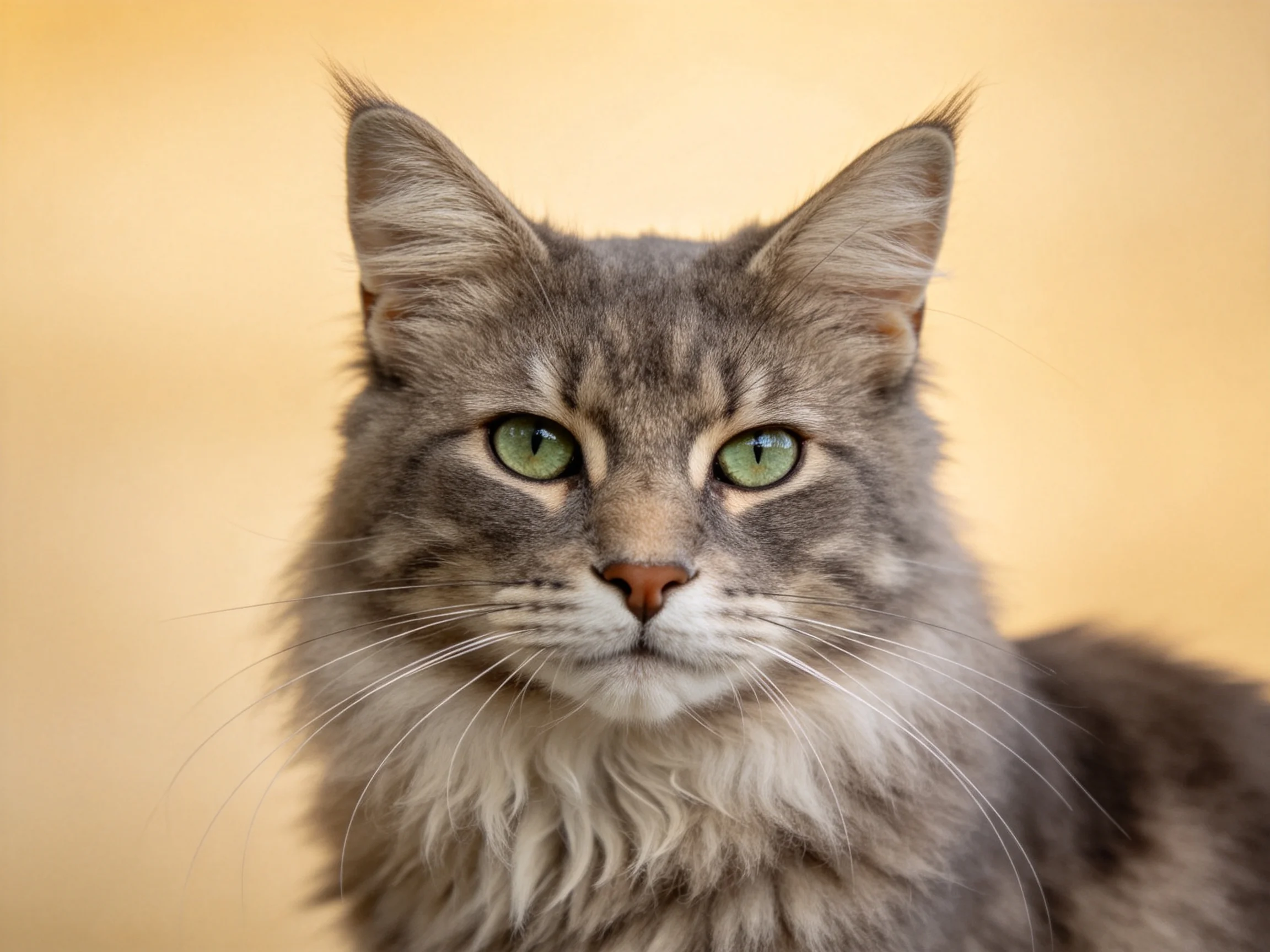 A gray fluffy cat with bright green eyes rests against a beige backdrop.