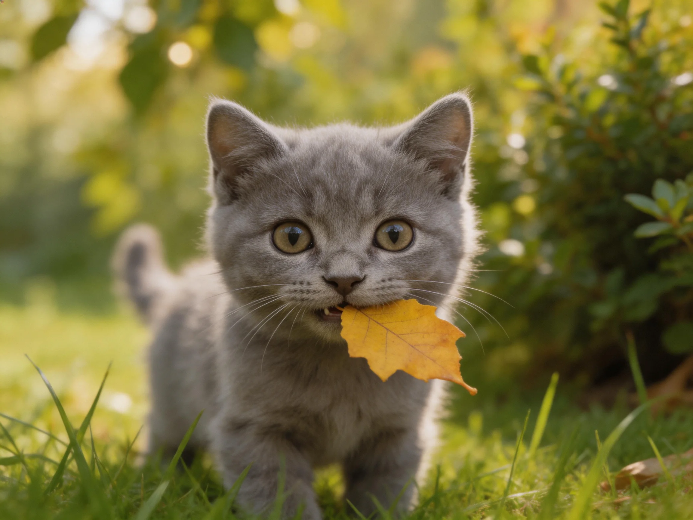 A gray kitten carrying a golden leaf in a sunlit garden