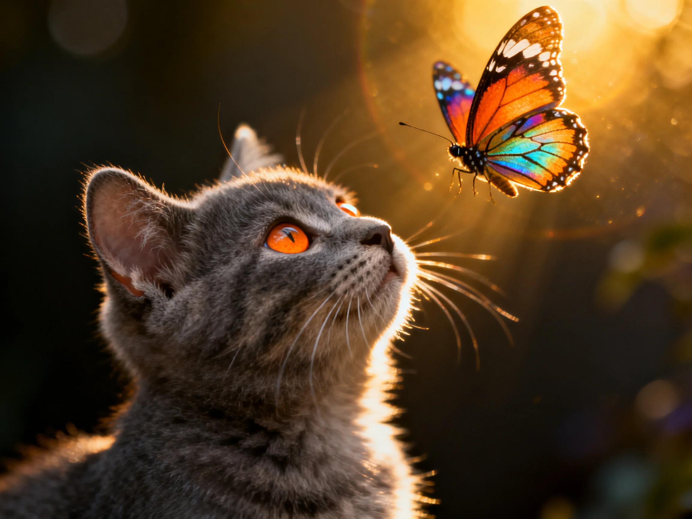 A gray kitten gazes at a vibrantly colored butterfly under golden sunlight