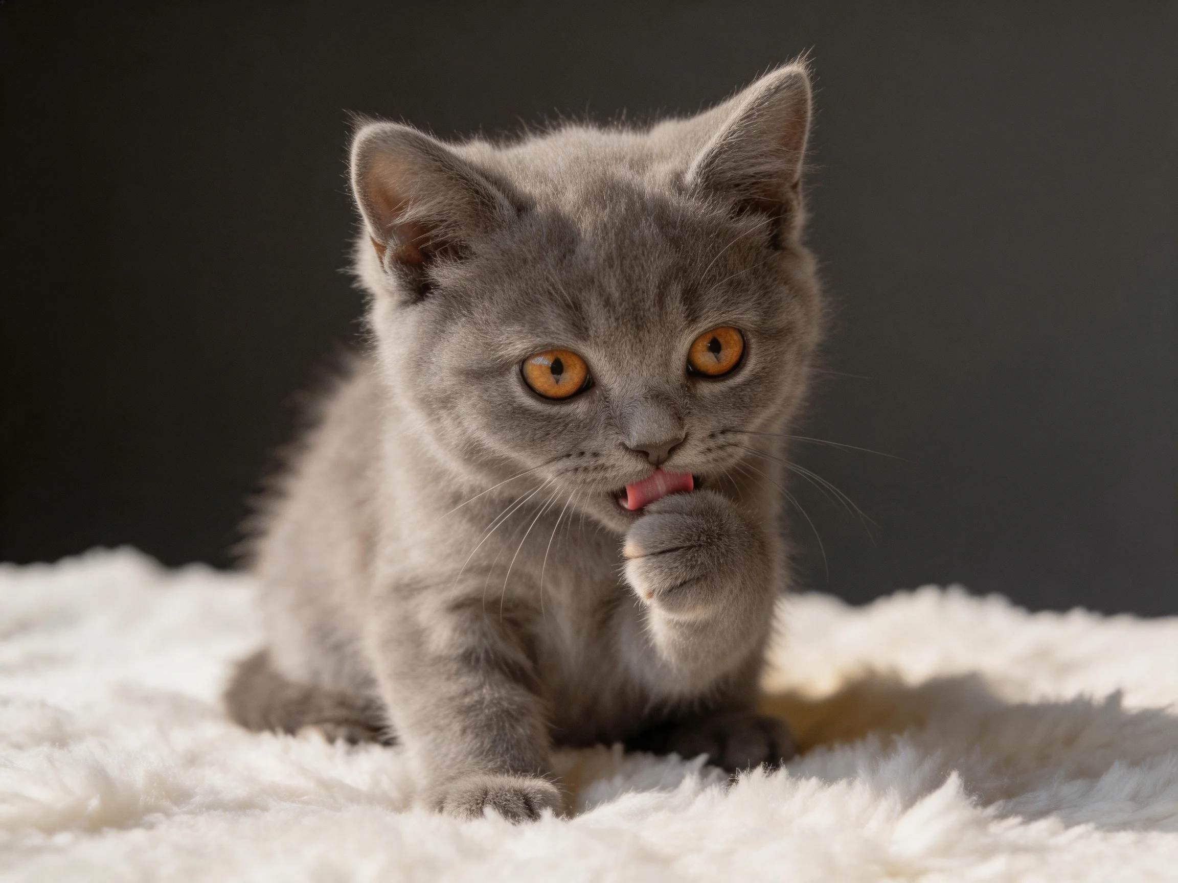 A gray kitten nibbling food on a soft white blanket