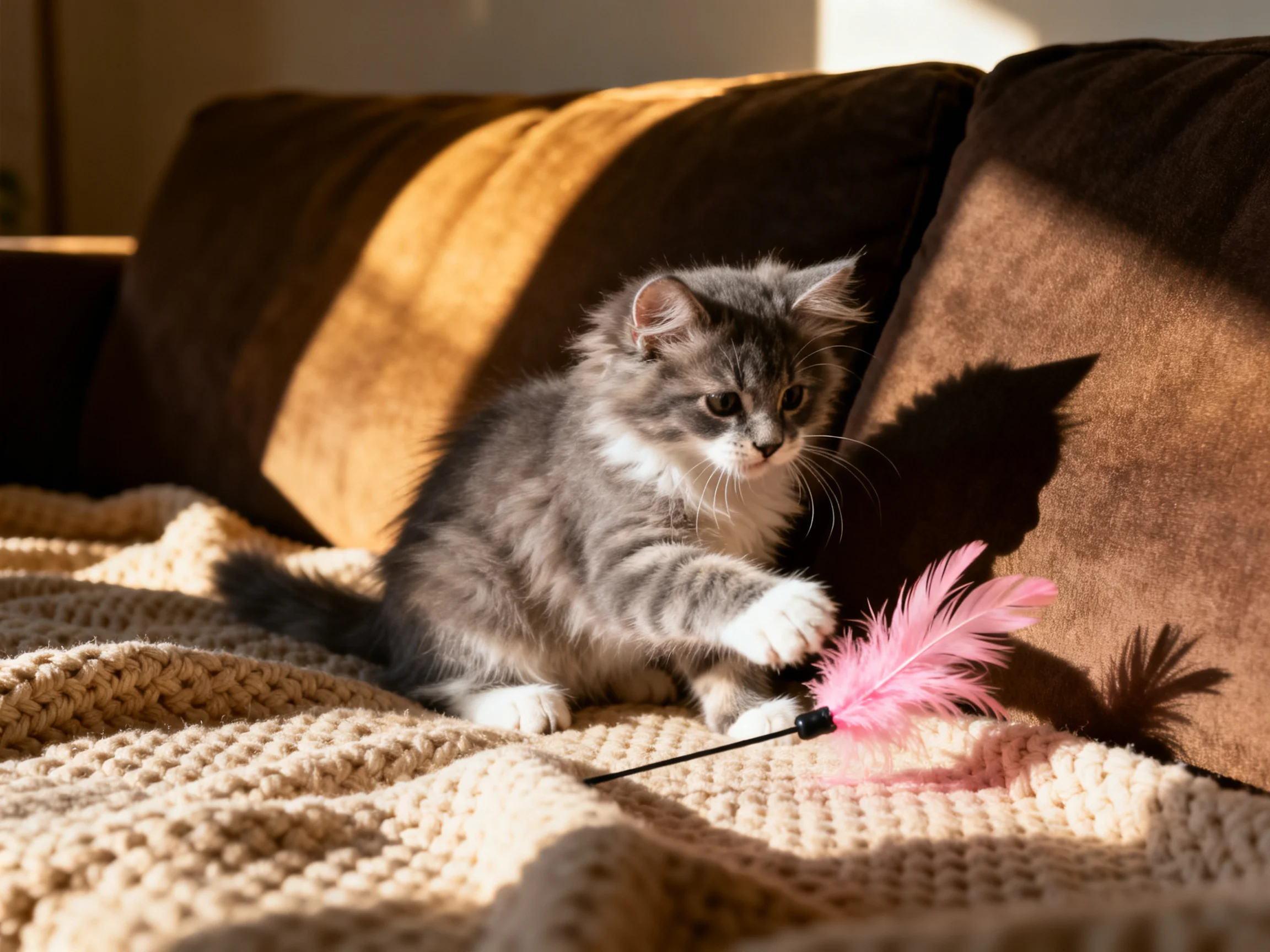 A gray kitten interacts with a pink feather toy near a brown couch.