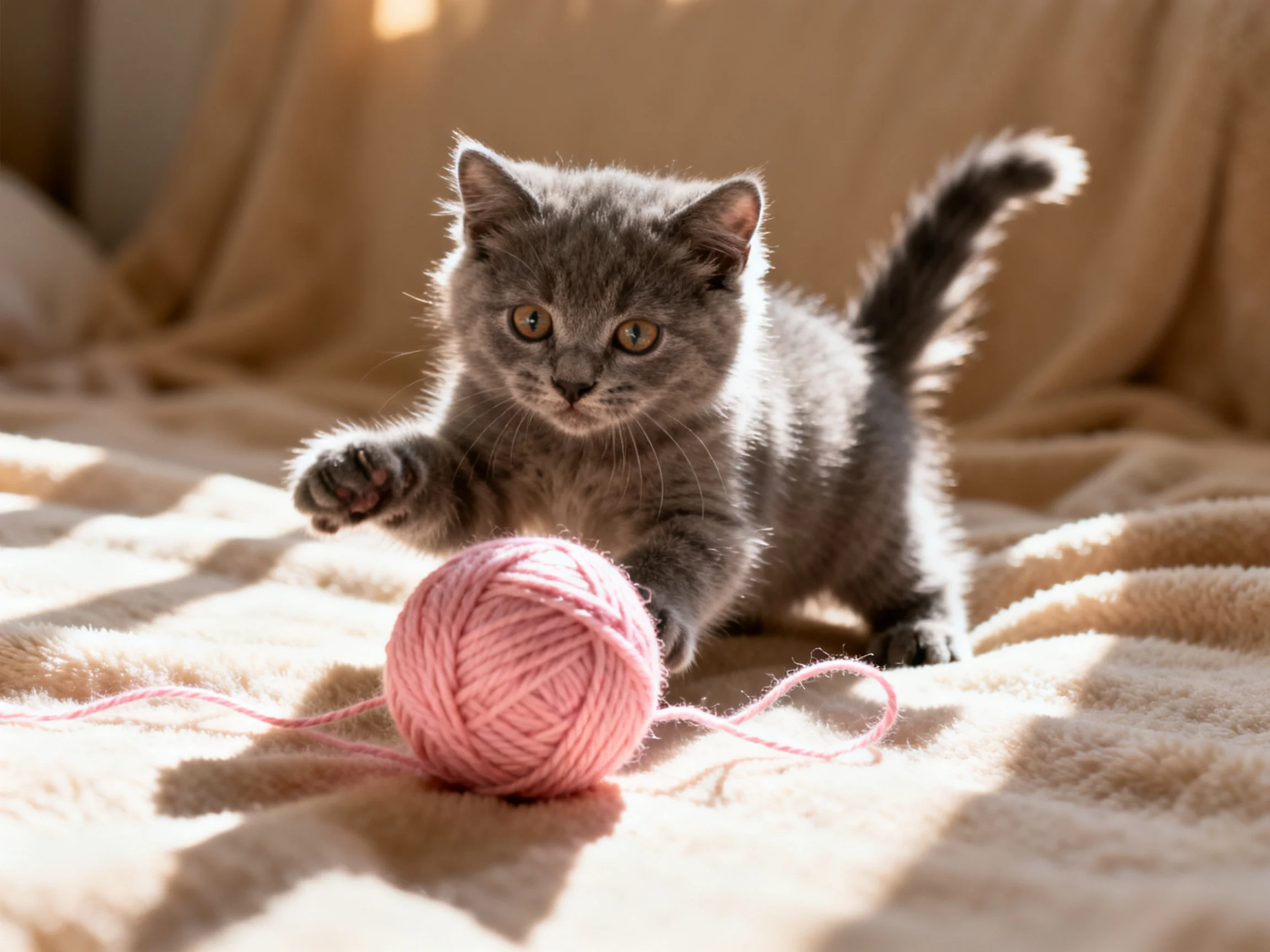 A gray kitten plays with a pink yarn ball on a soft beige blanket