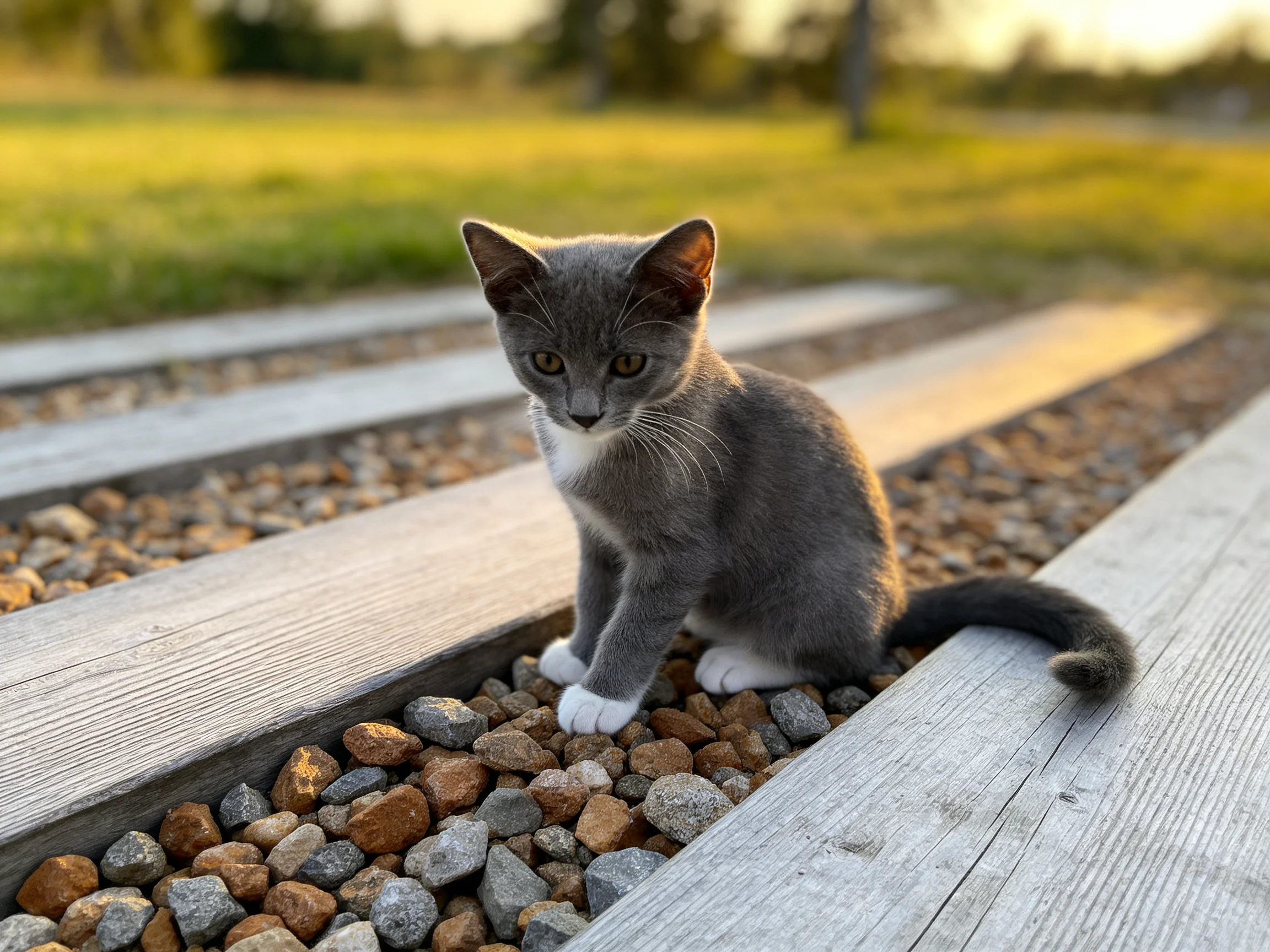 A gray kitten sits on pebbles between wooden planks in a sunlit outdoor area.