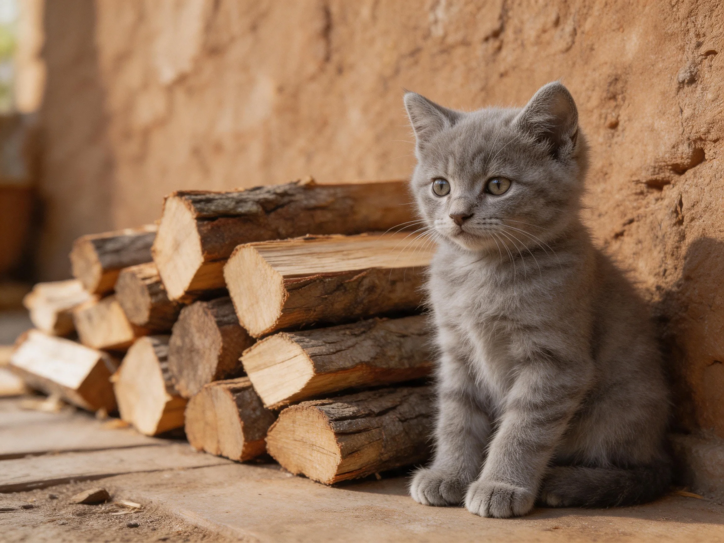 A gray kitten rests near stacked firewood by a textured mud wall.