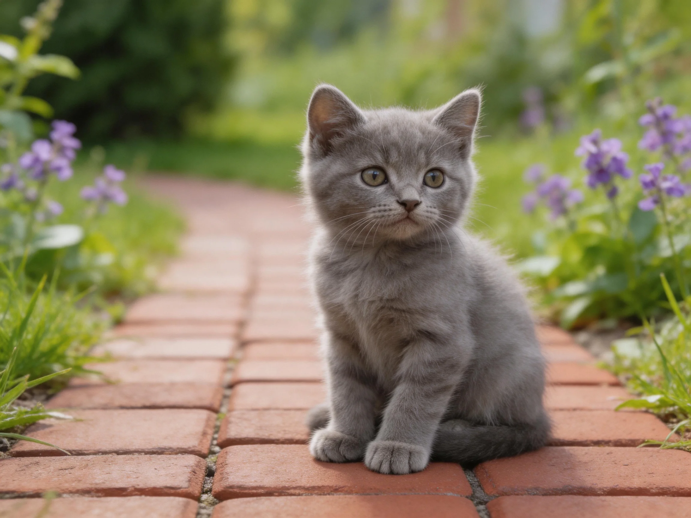 A gray kitten sits on a brick pathway amid flowering plants.