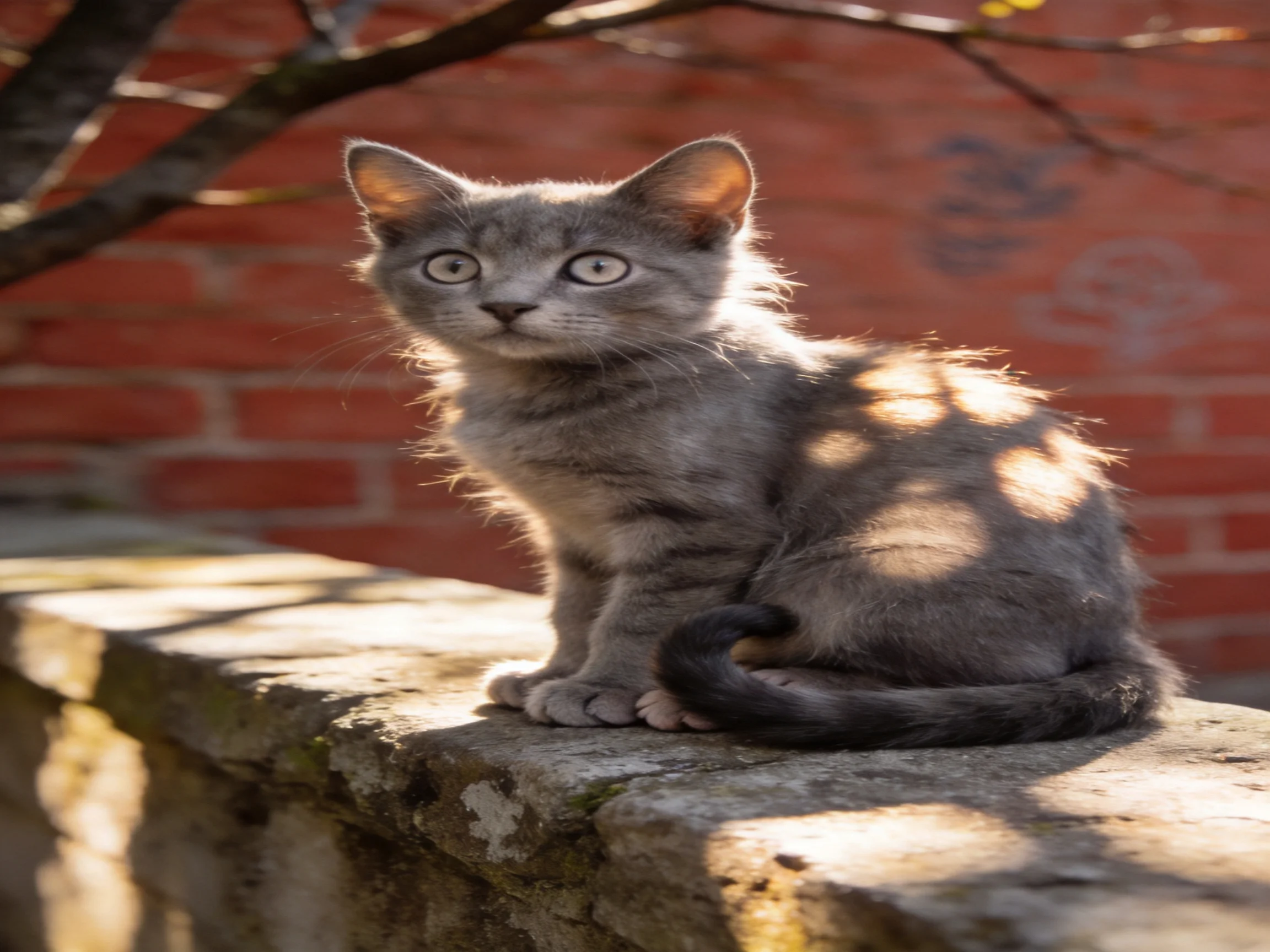 A gray kitten rests on a stone ledge near a red brick wall in sunlight.