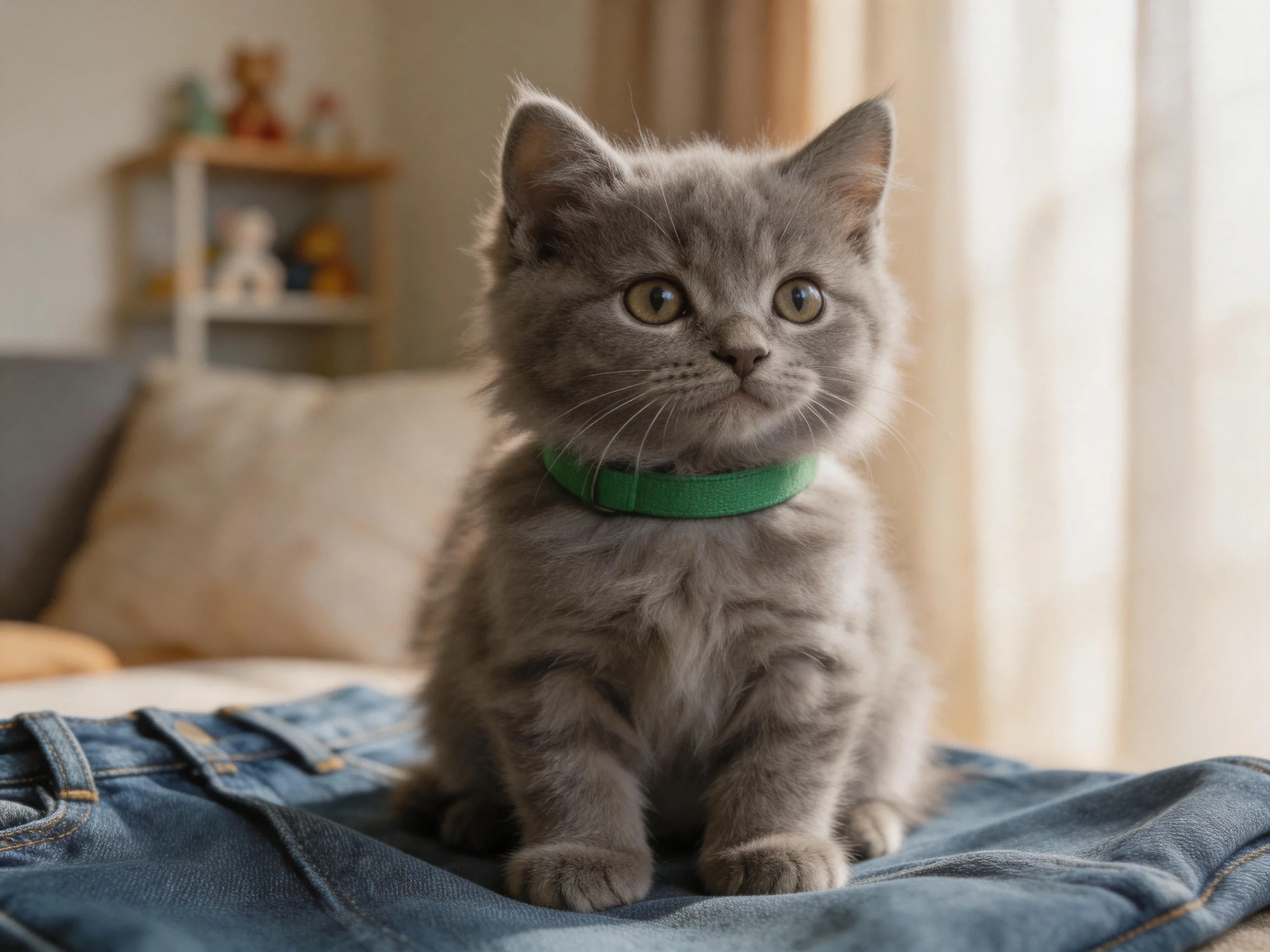 A gray kitten with a green collar sits on blue jeans in a cozy indoor space