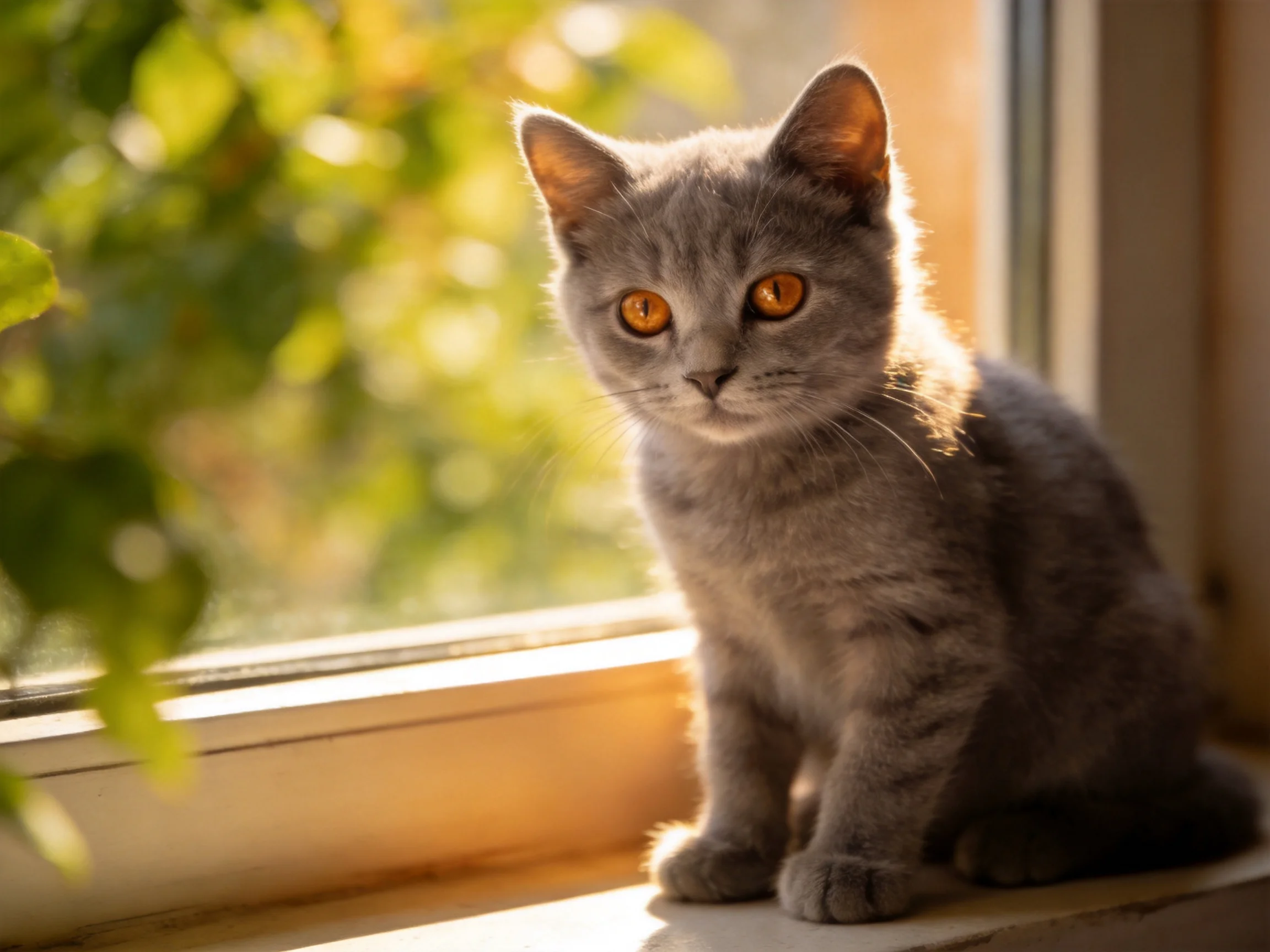 A gray kitten with amber eyes sits by a sunlit window with green foliage