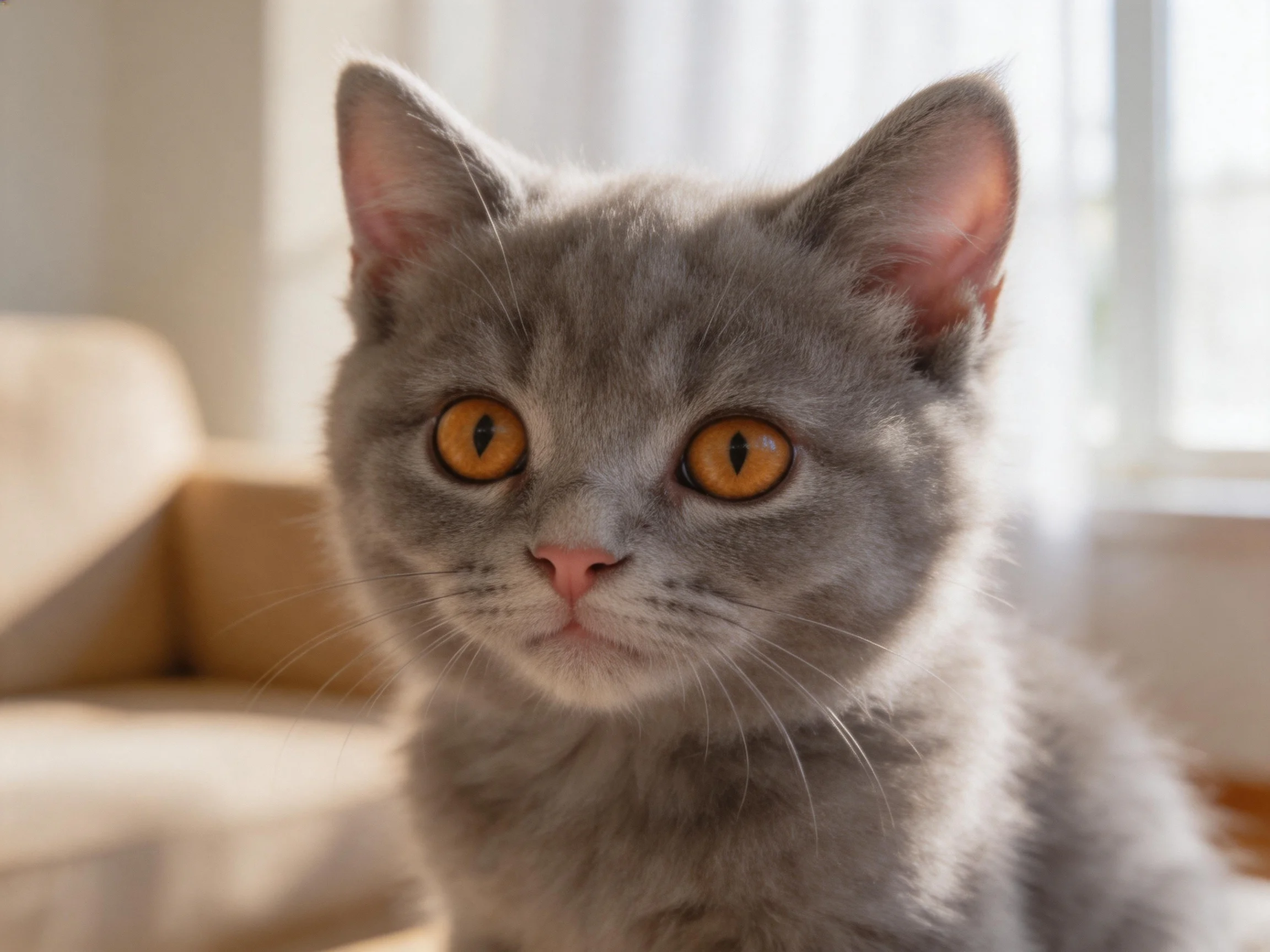 A gray kitten with bright amber eyes near a beige couch in a sunlit room
