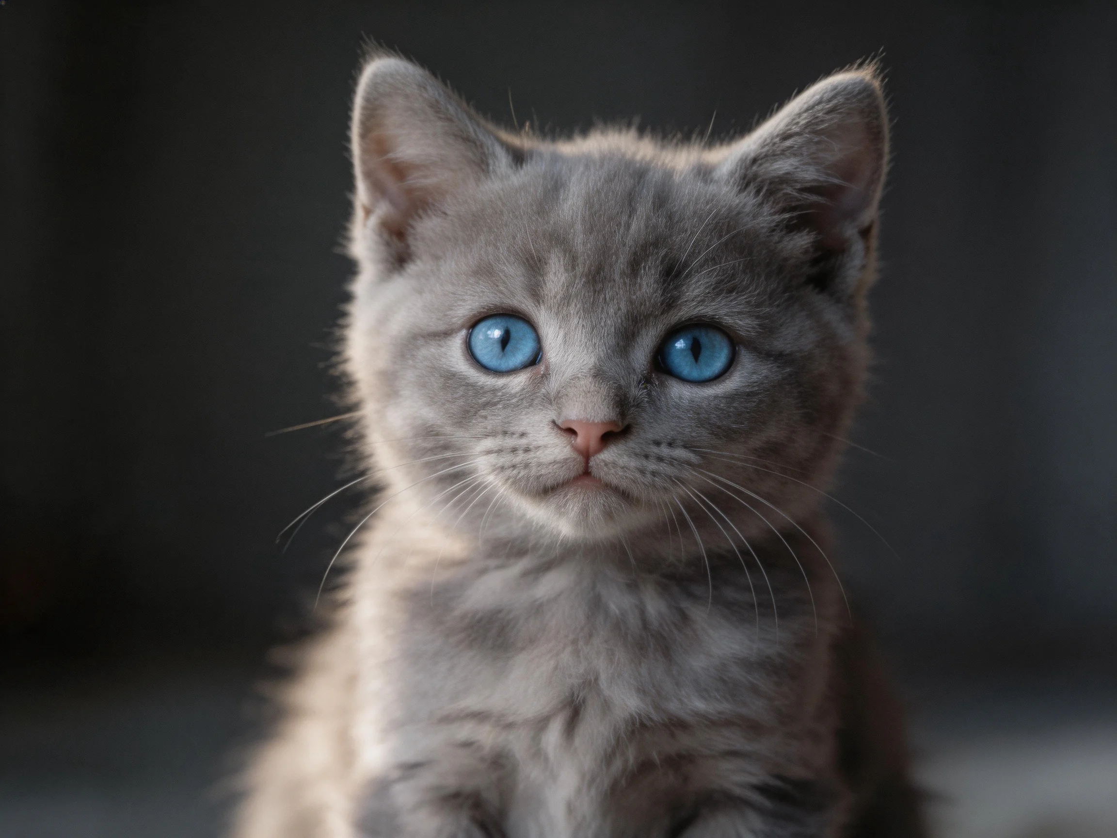 A gray kitten with blue eyes is centered against a dark, blurred backdrop.