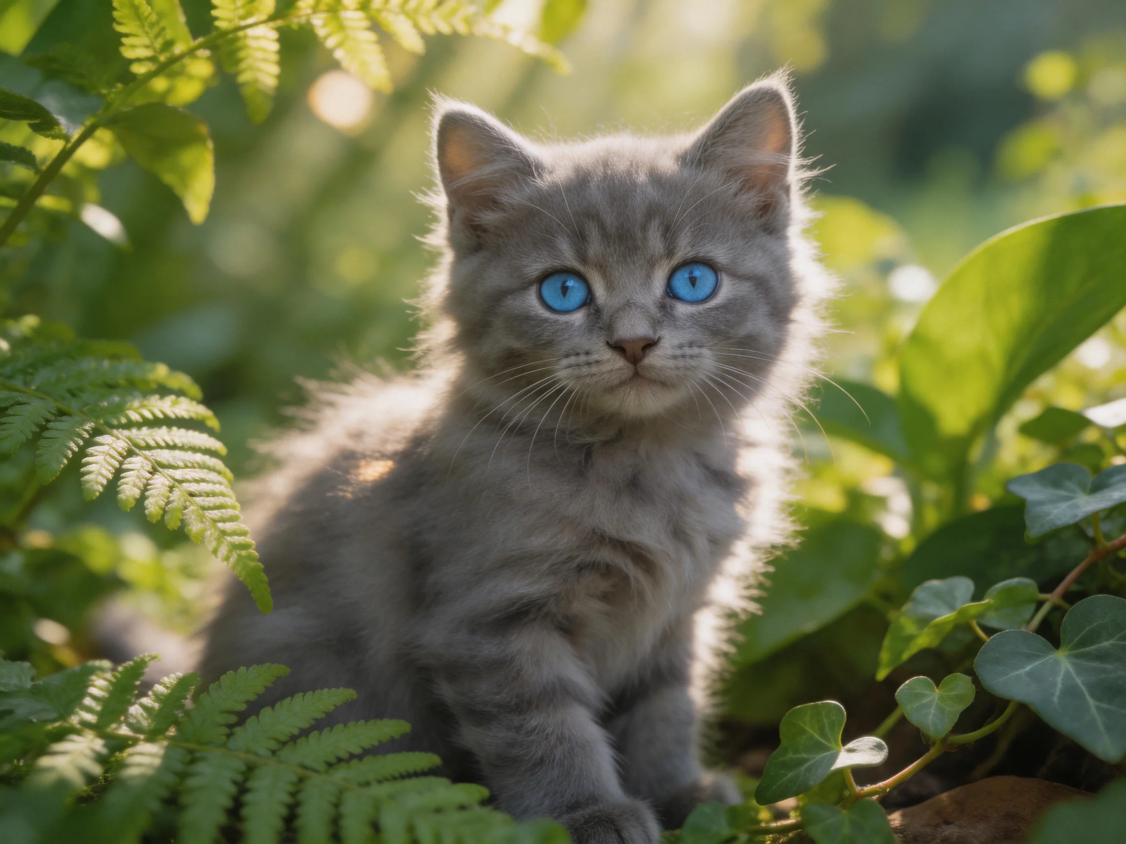 A gray kitten with blue eyes is surrounded by green plants in a sunlit setting.