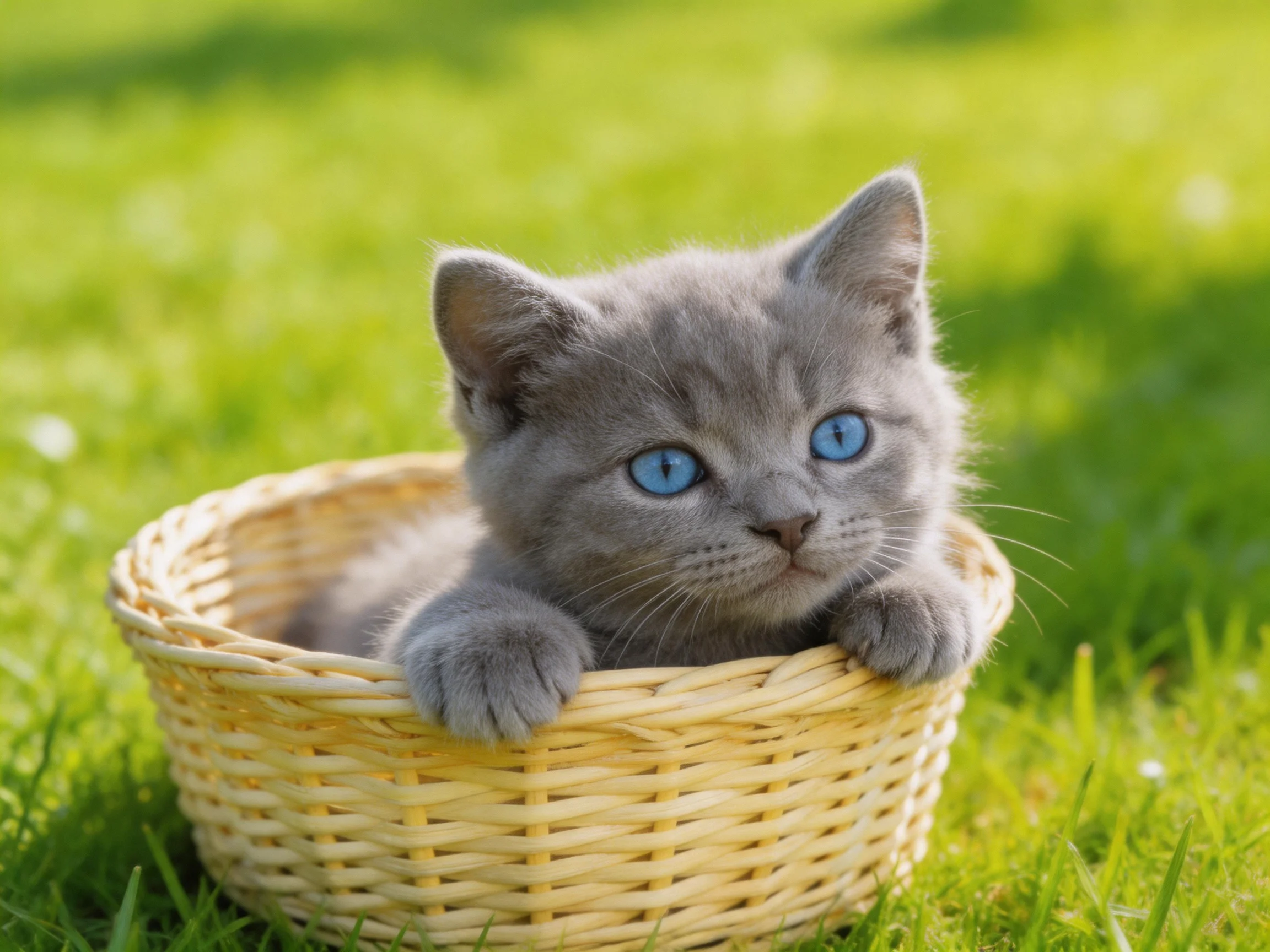 A gray kitten with blue eyes sits in a wicker basket on green grass.