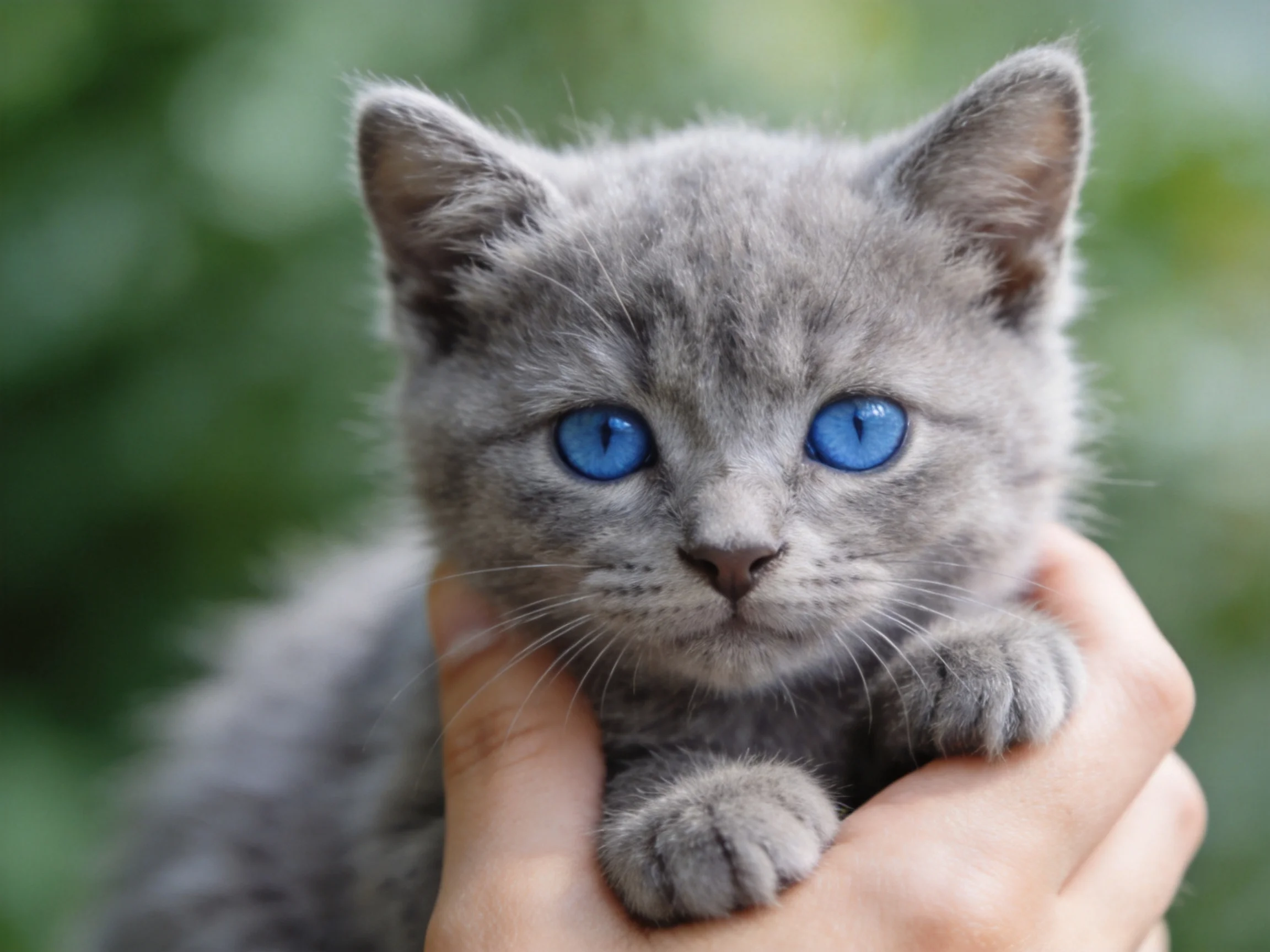 A gray kitten with bright blue eyes is gently held in human hands.