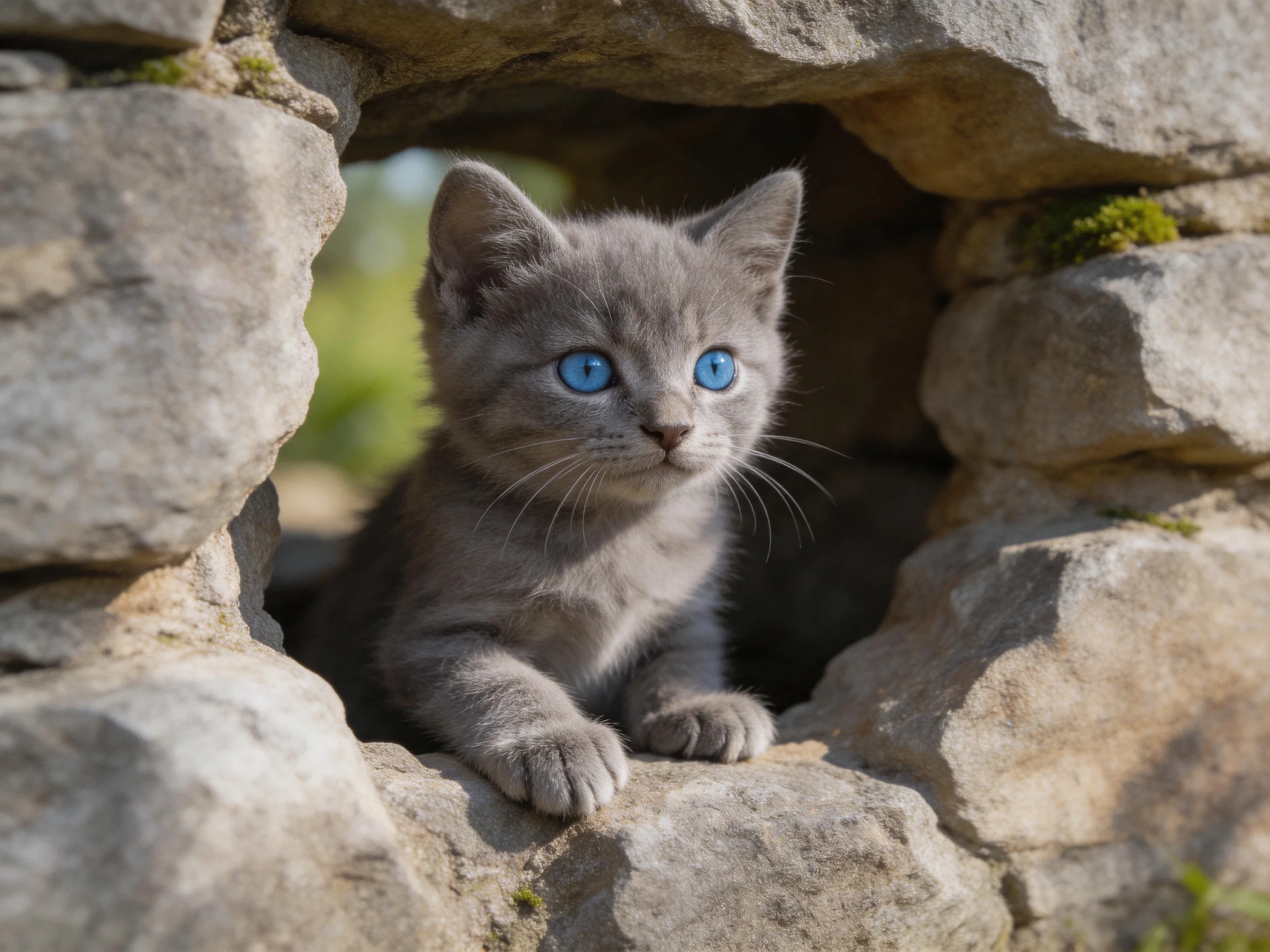 A gray kitten with bright blue eyes sits in a stone structure, gazing outward.