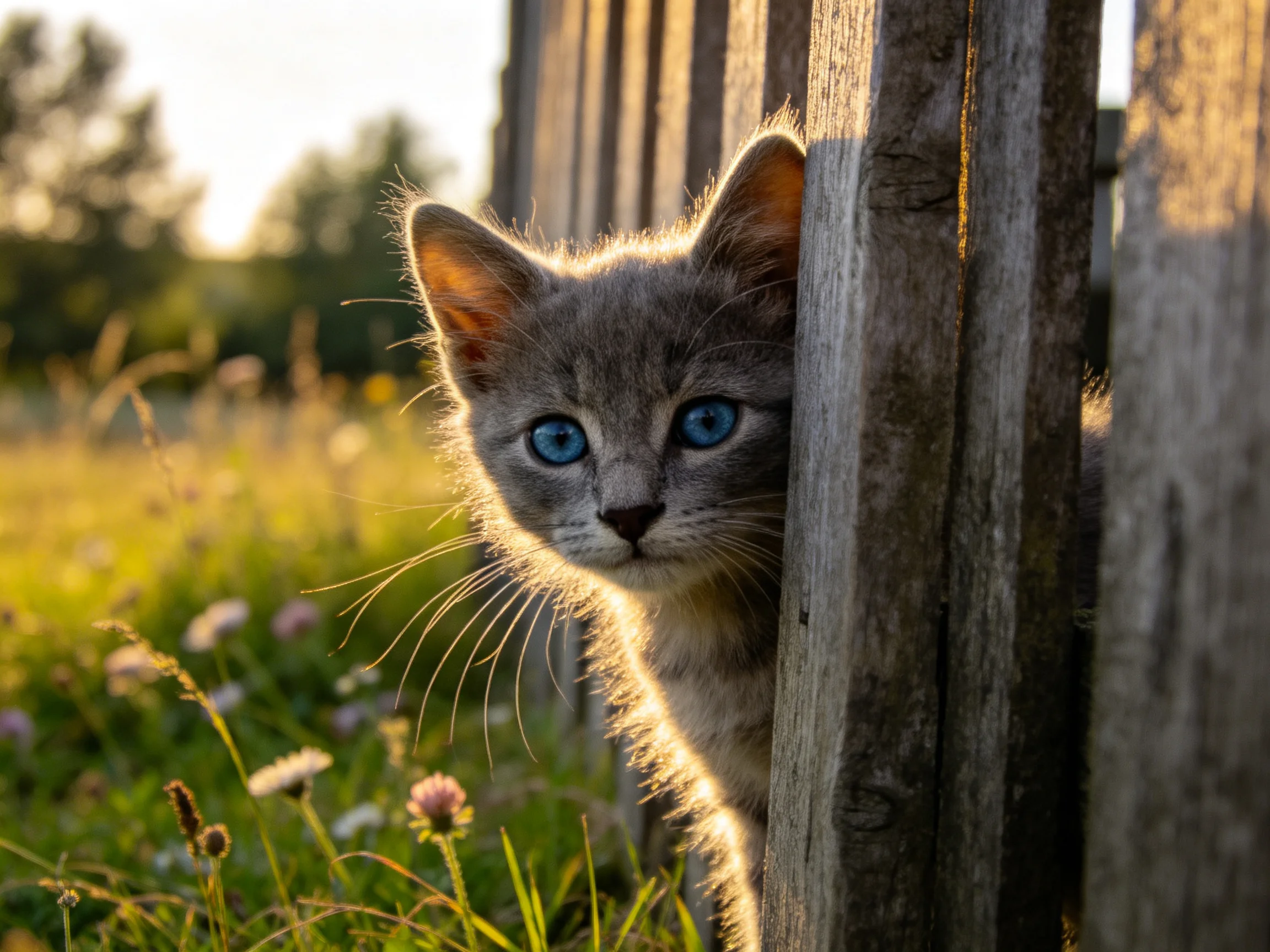 A gray kitten with blue eyes hides behind a wooden fence in a sunlit meadow.