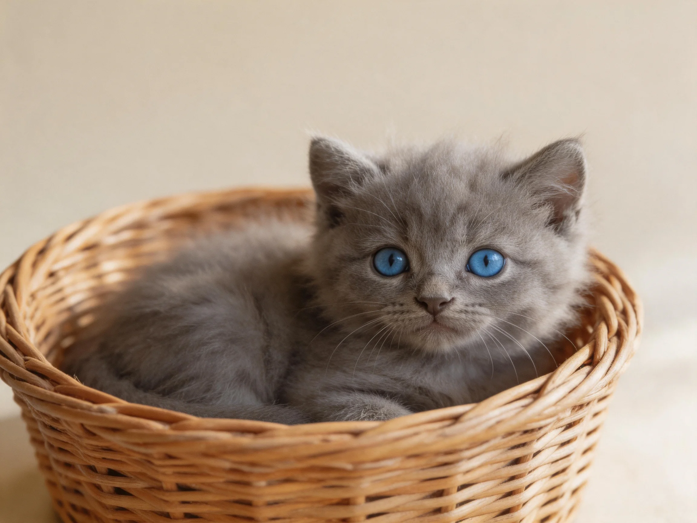 A gray kitten with blue eyes relaxes inside a woven basket.