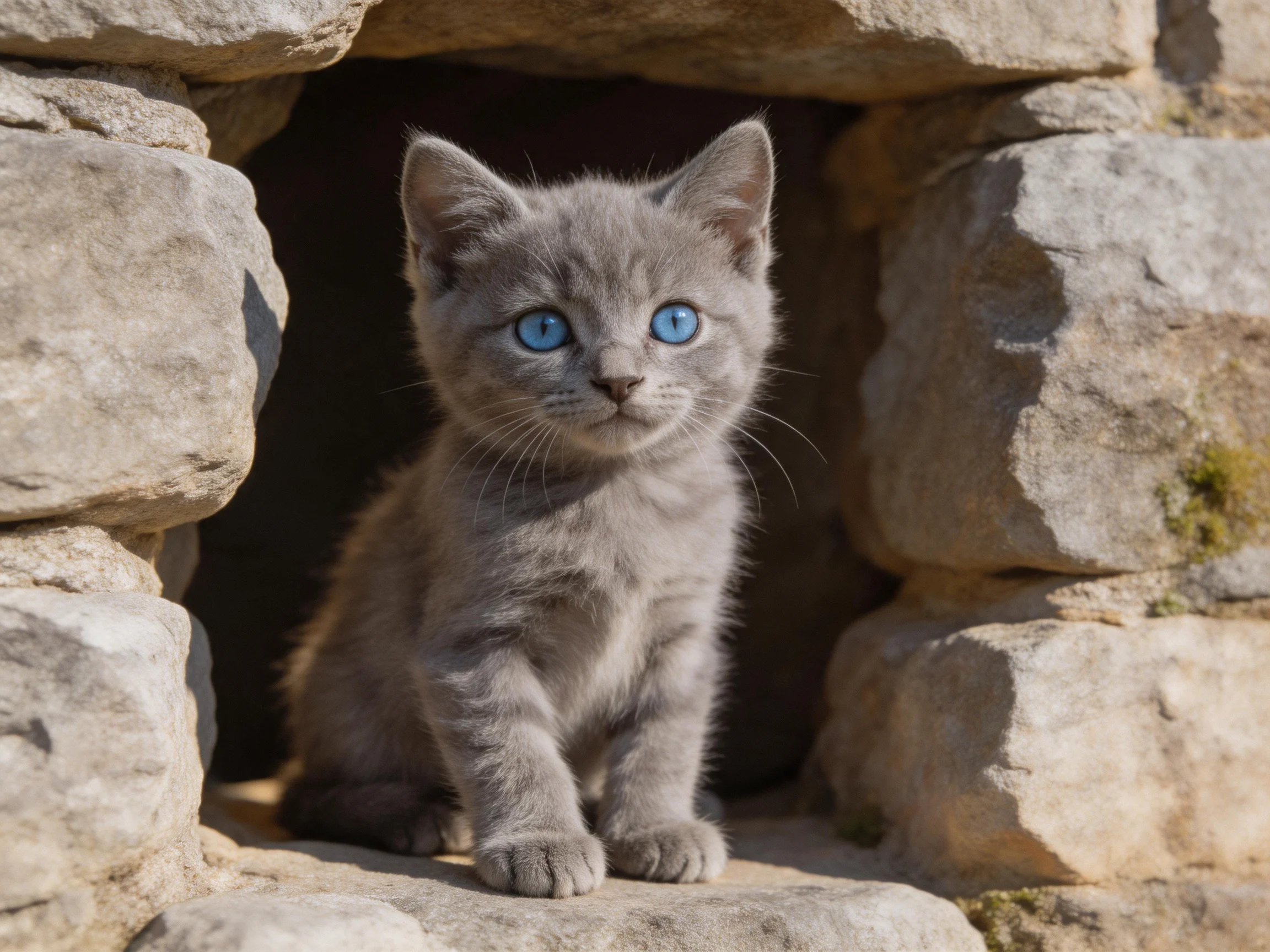 A gray kitten with bright blue eyes rests in a stone structure.